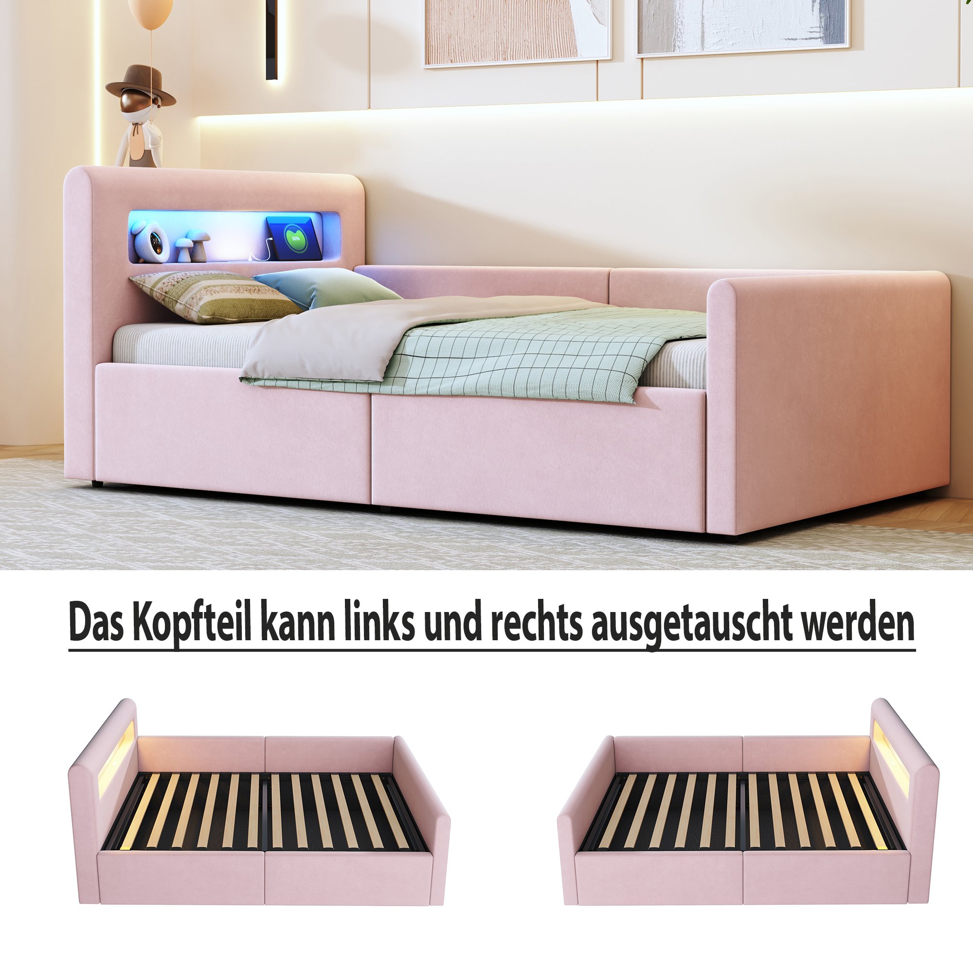 Lit coffre 90x200 cm pour enfant avec rangement hydraulique et sommier à lattes