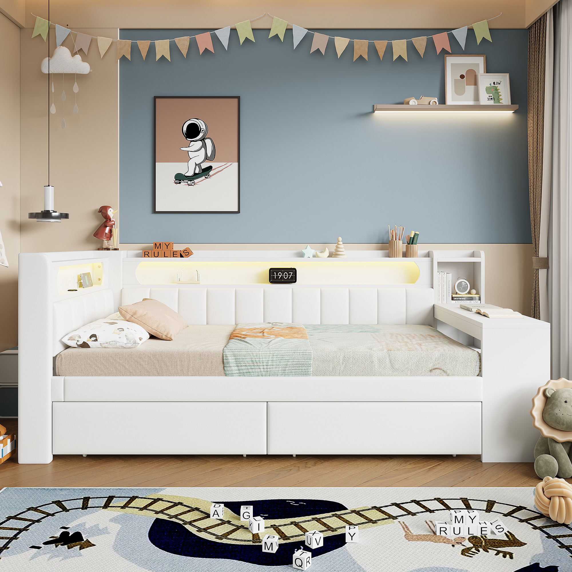 Lit coffre 90x200 avec LED 7 couleurs et ports USB, bureau intégré et rangements