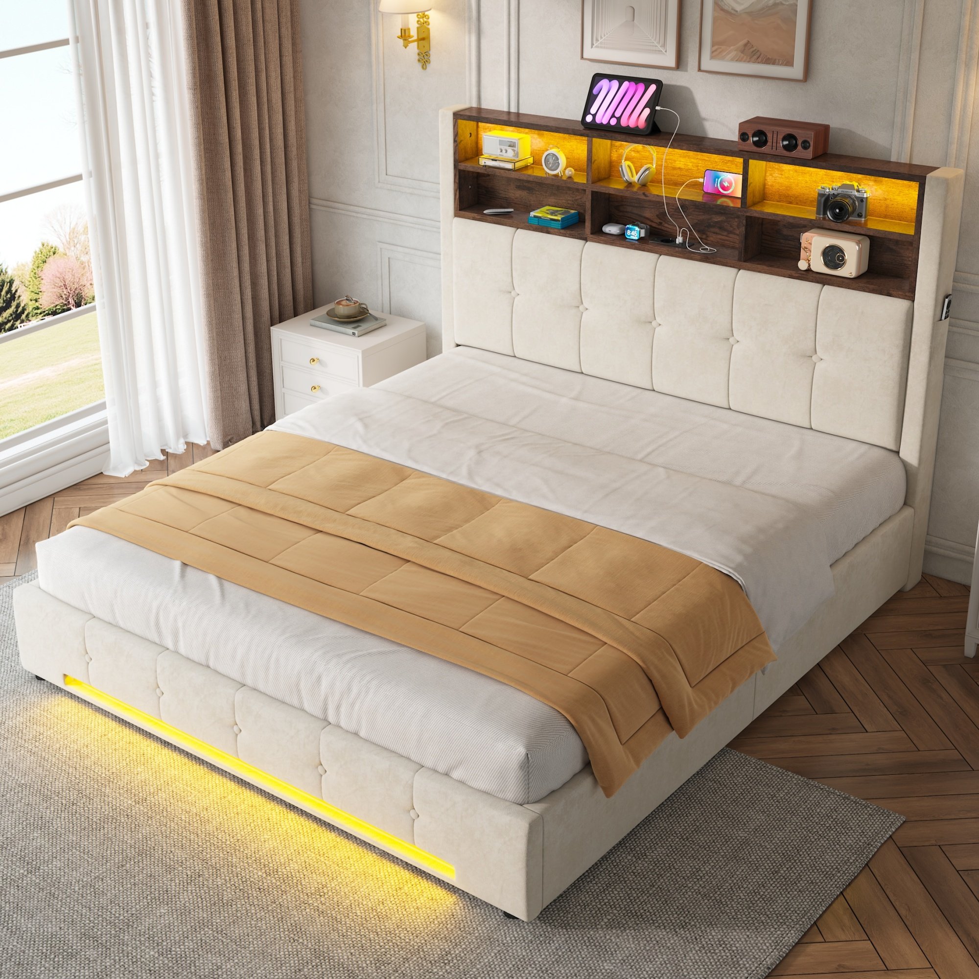 Lit coffre 160x200 en velours beige avec tête de lit multifonctionnelle, rangement hydraulique, LED et USB-C