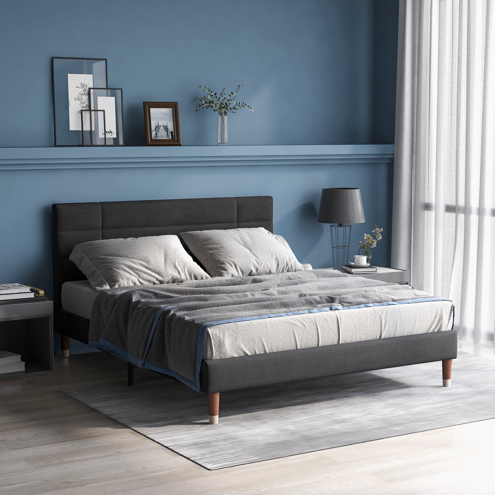 lit coffre double 140x200 gris avec matelas ressorts et sommier à lattes, cadre rembourré pour chambre