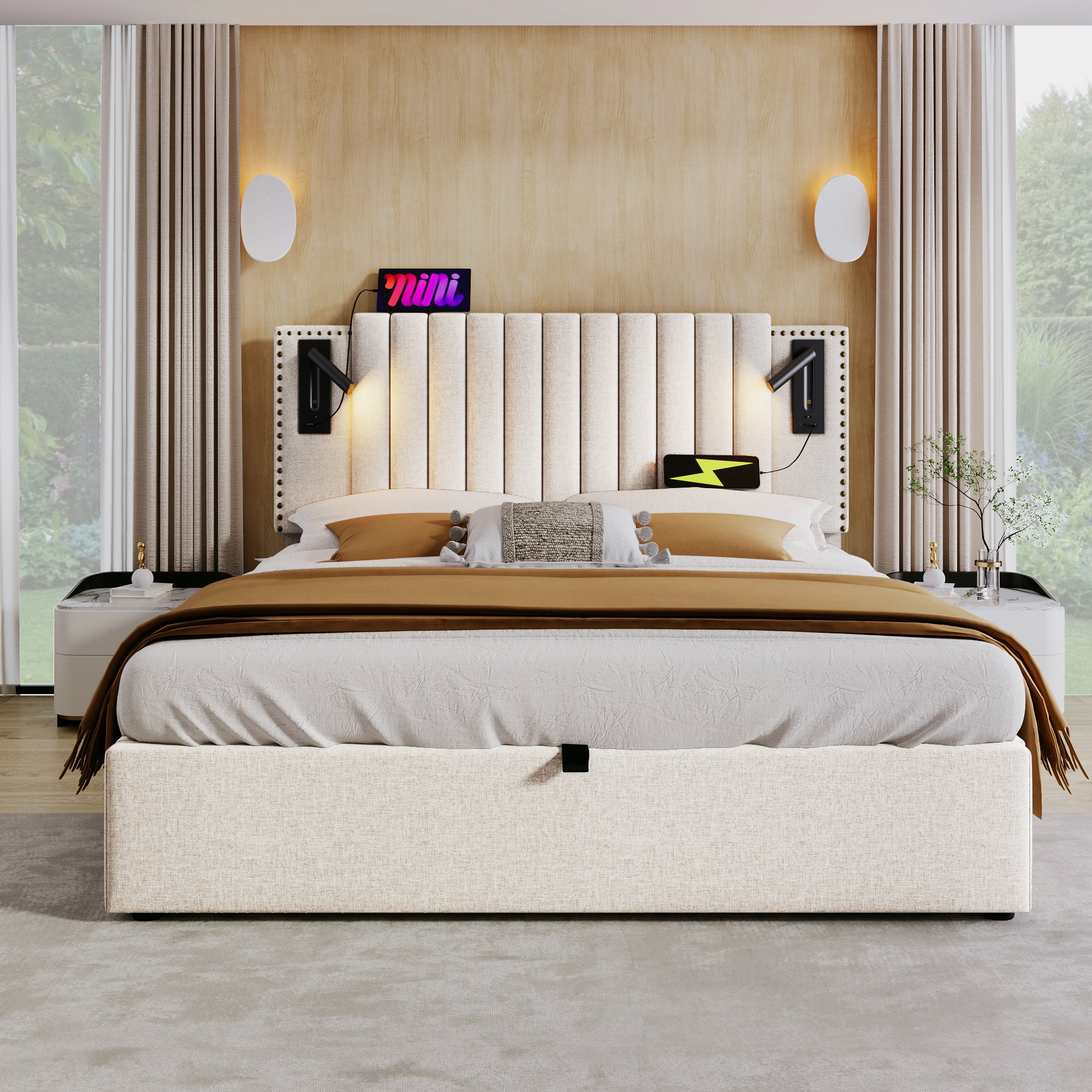 lit coffre 160x200 beige, tête de lit rembourrée avec LED et USB, coffre de rangement hydraulique, sommier à lattes inclus