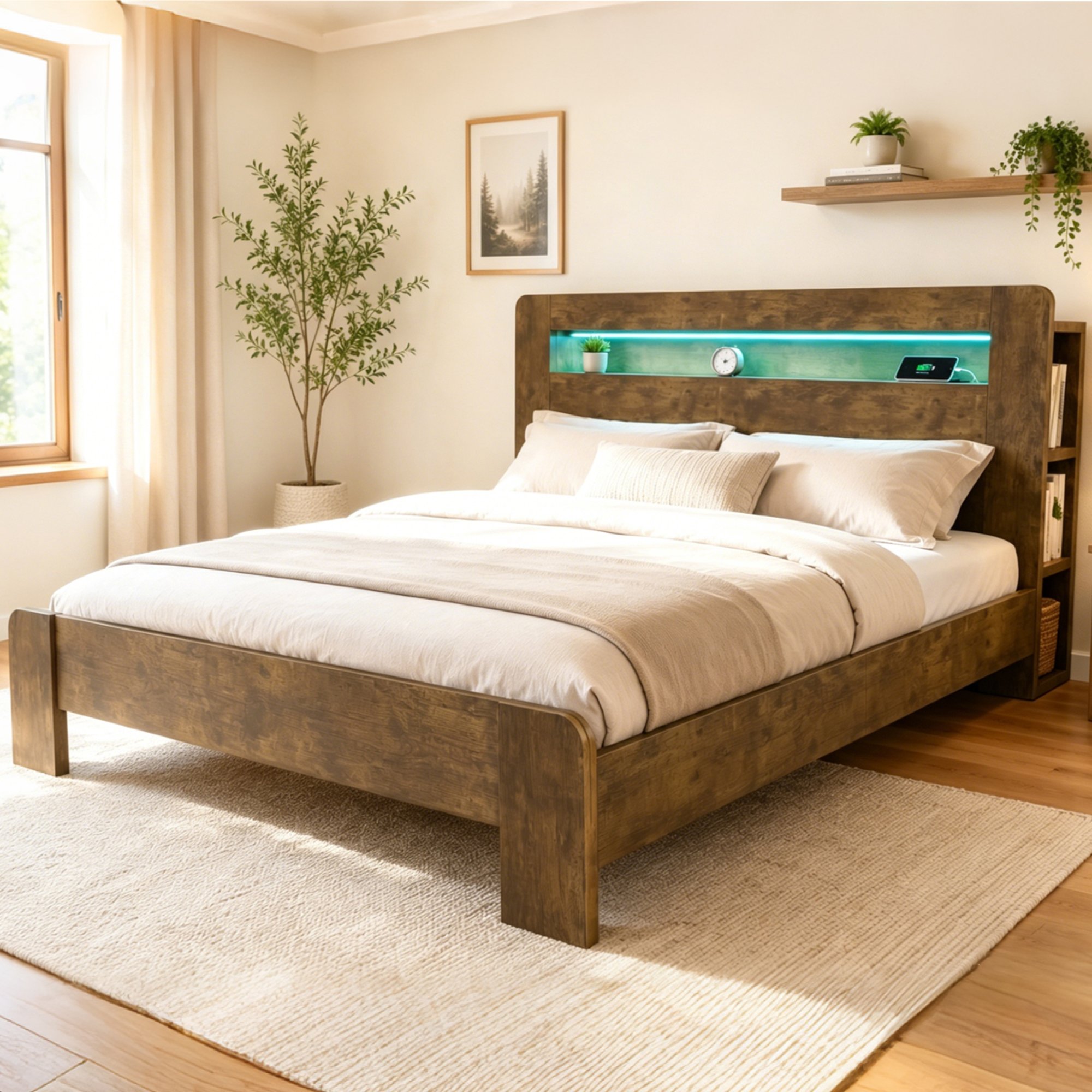 Lit coffre avec rangement au tête de lit, LED et prises USB, 180x200