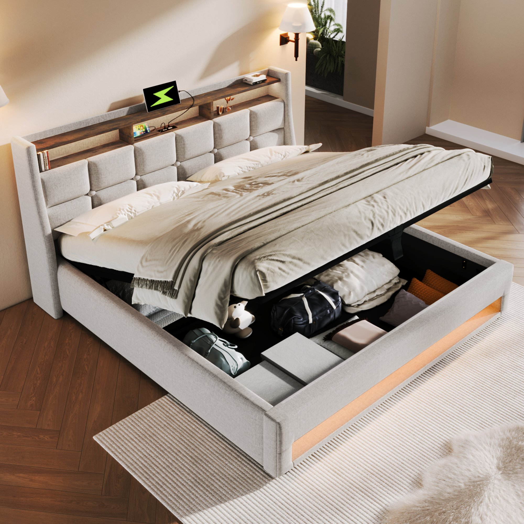 Cadre de lit en tissu lin beige avec structure métal et bois massif, tête rembourrée
