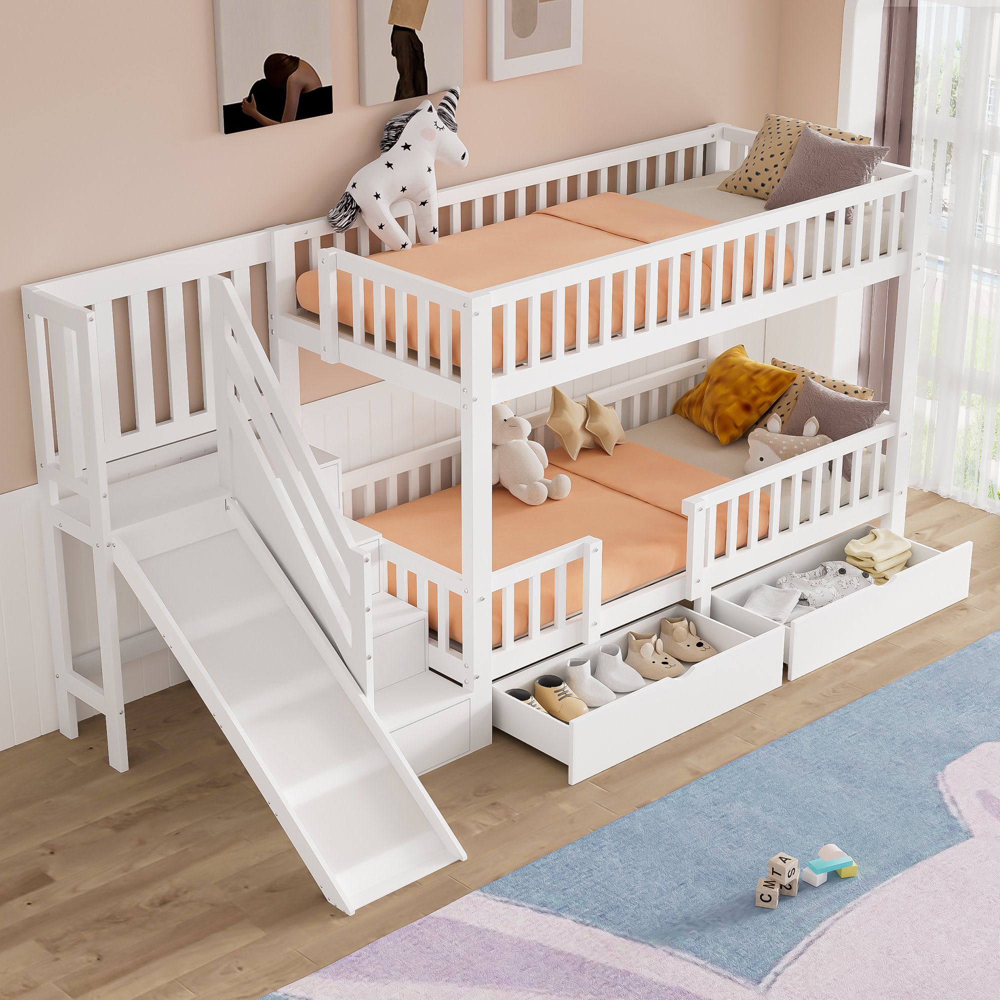 Lit superposé enfant 90x200 cm, dimensions totales 293,5 x 154,5 x 150 cm, bois massif blanc avec rangements et toboggan