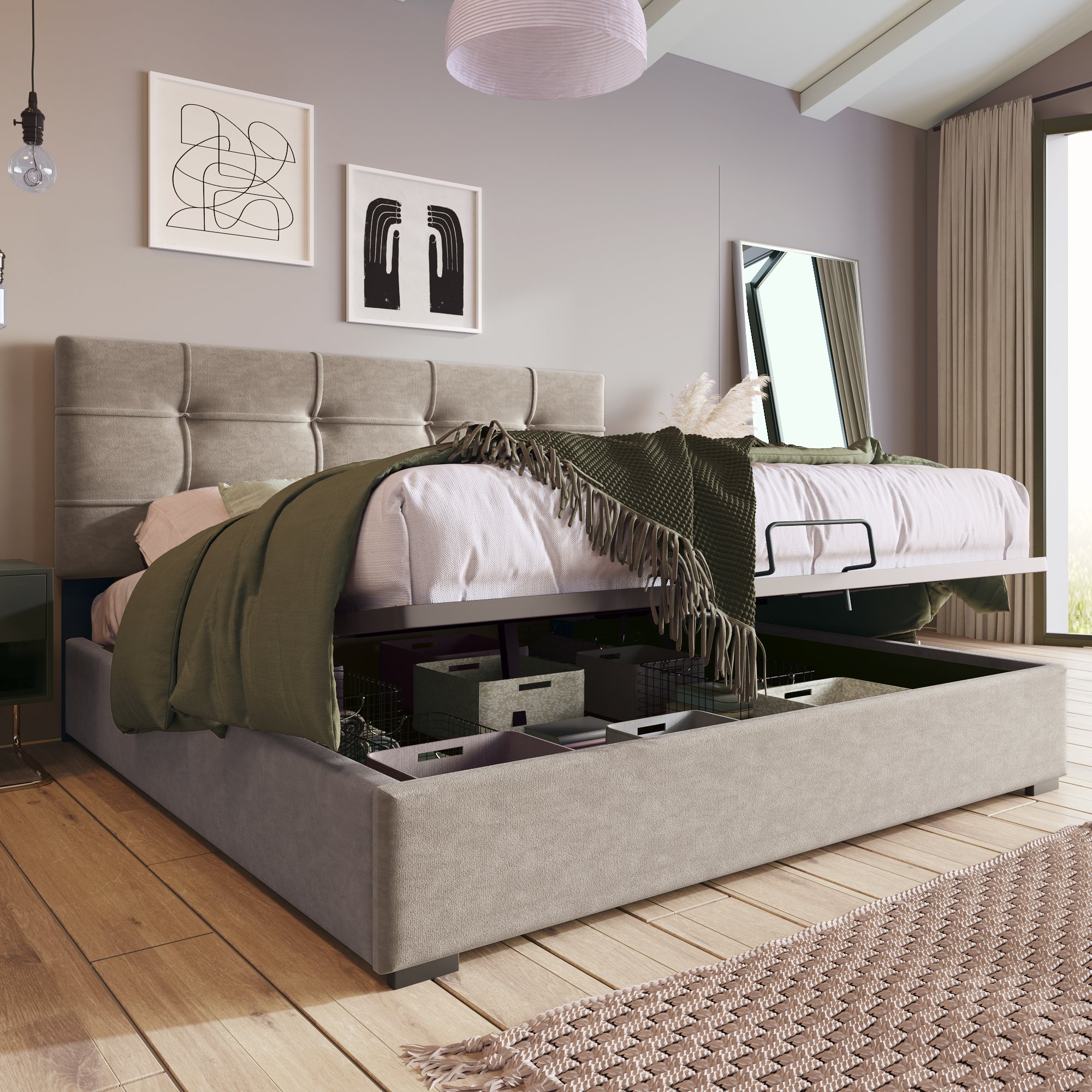 Lit coffre double 140x200 en velours gris clair avec matelas ressorts ensachés et sommier à lattes