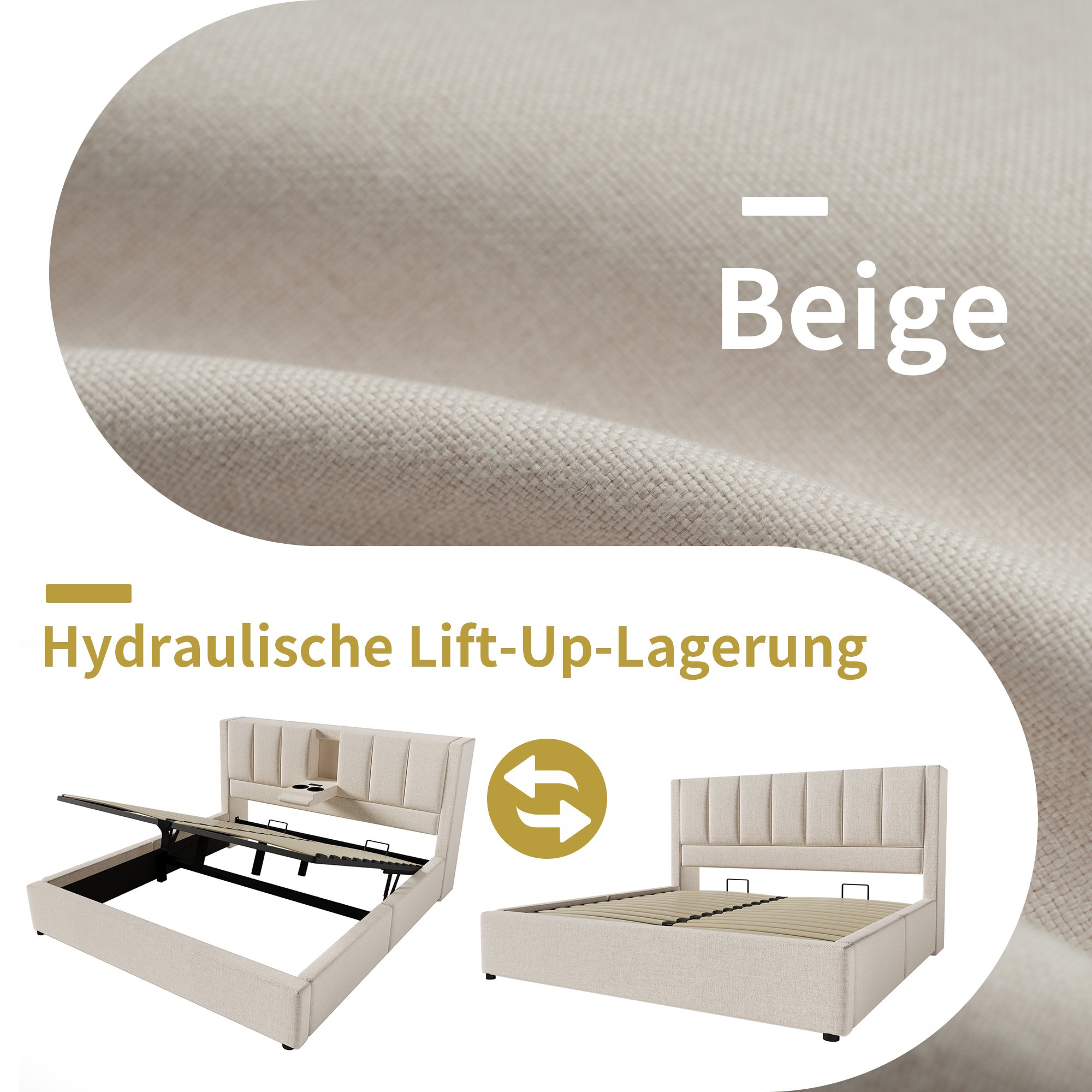 lit coffre 140x200 cm avec matelas 7 zones et sommier à lattes, structure renforcée capacité 300 kg beige