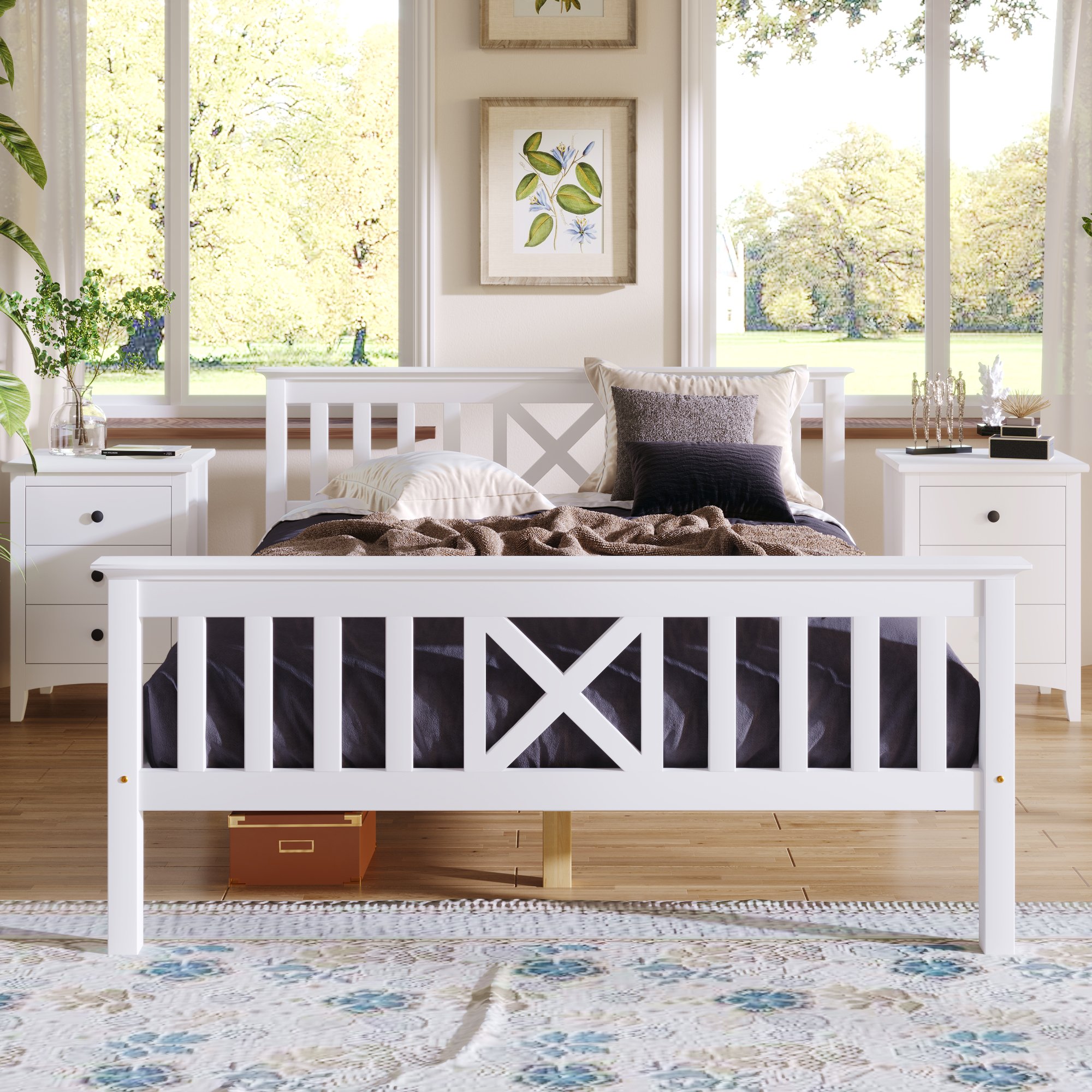 Lit double 140x200 en pin massif blanc avec tête de lit en X et sommier à lattes, cadre de lit robuste pour chambre adulte