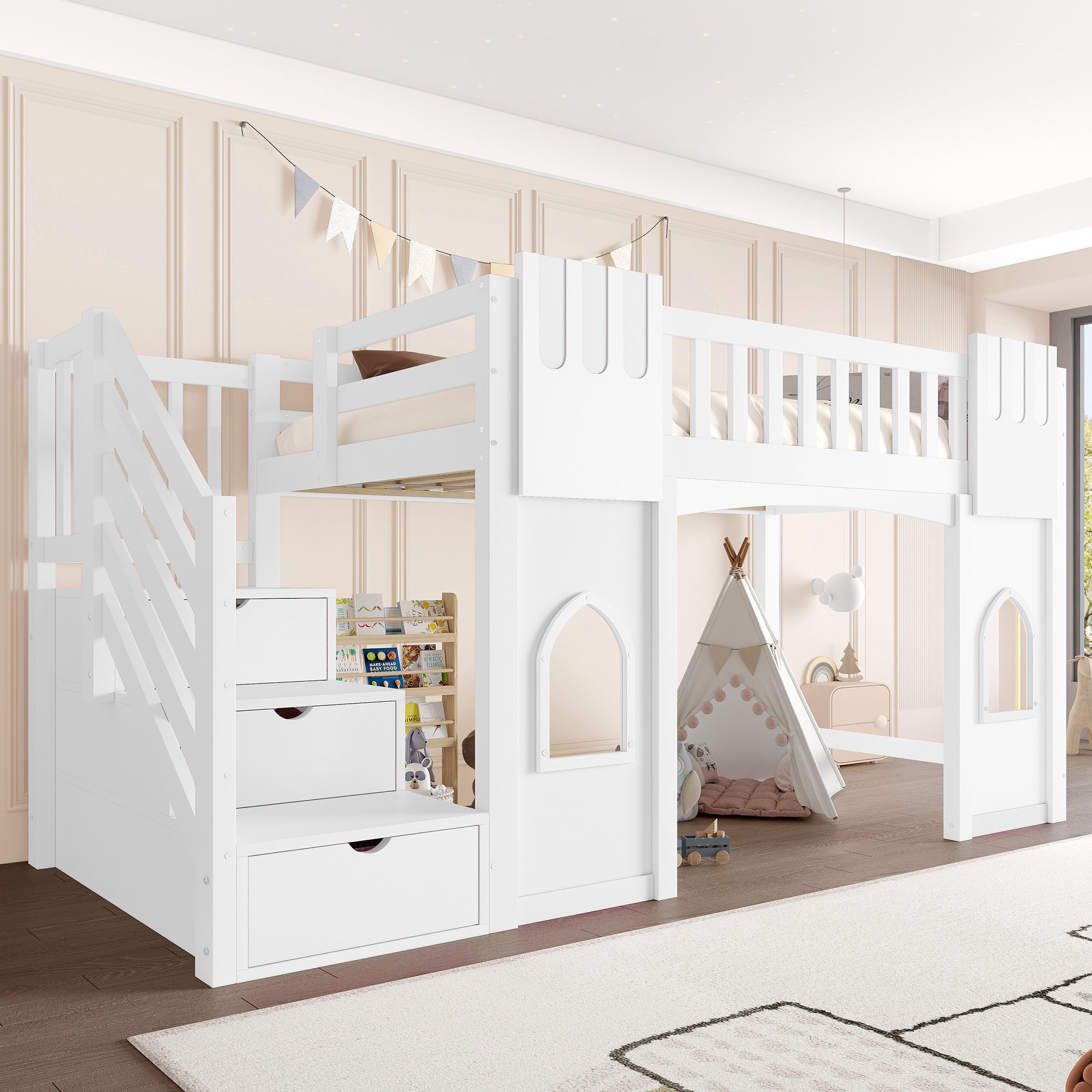Lit mezzanine avec escalier et rangement, fenêtres, 90x200, blanc