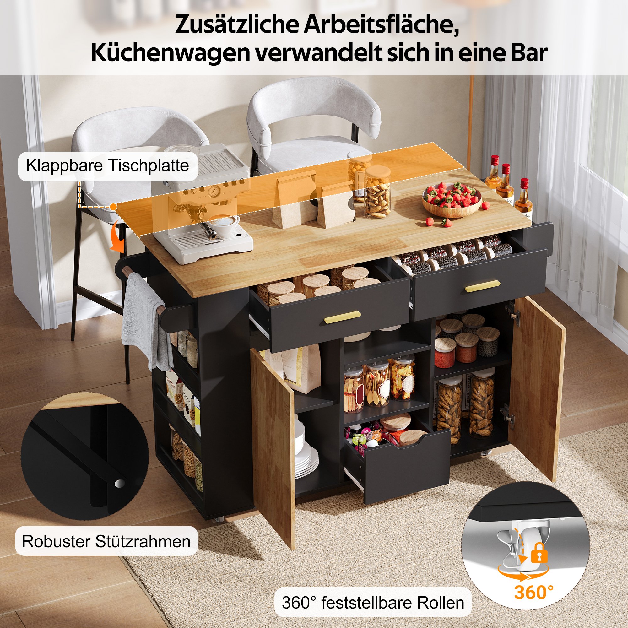 Îlot de cuisine avec rangement, plan de travail rabattable, 3 tiroirs, étagère à épices, roulettes freinables, Panneau composite de fibres de bois à densité noir et bois naturel, 120x45(71)x90 cm