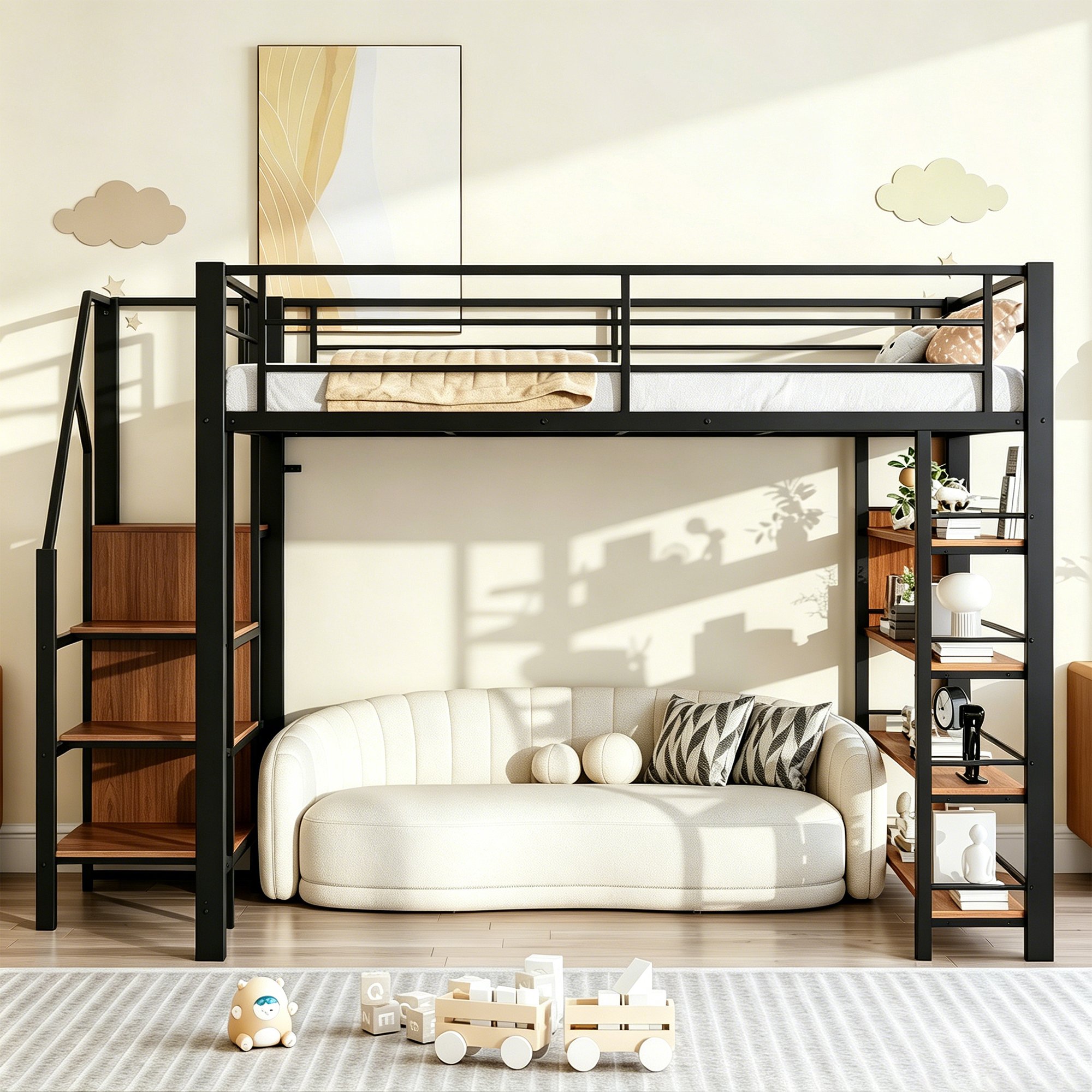 Lit mezzanine avec escalier de rangement et penderie, couchage 140x200, sécurité renforcée