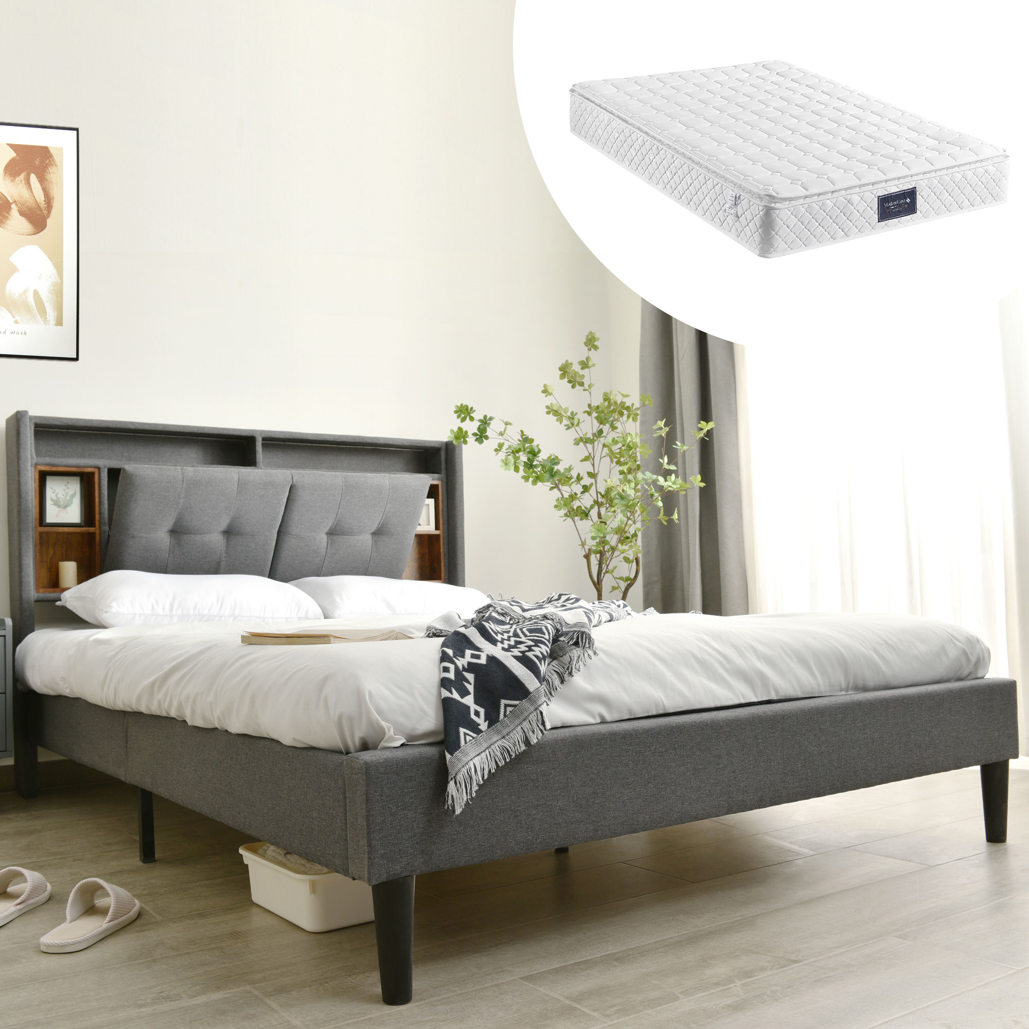 Lit coffre 140x200 gris en bois massif et métal avec rangement tête de lit, LED, USB et matelas ressorts ensachés