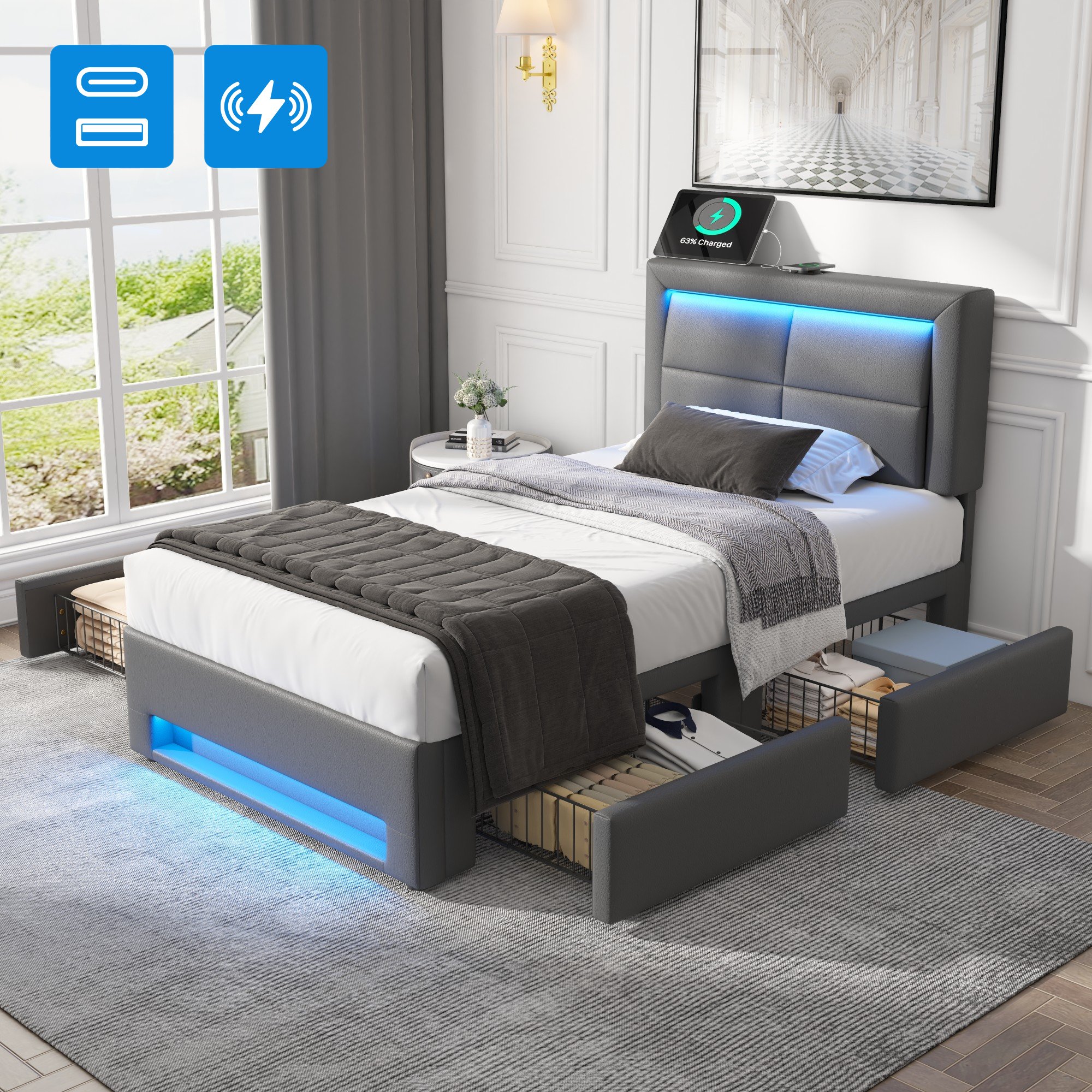 Lit rembourré 90x190 gris PU motif litchi avec LED et USB, 4 tiroirs de rangement, sans matelas, sommier à lattes robuste pour chambre moderne