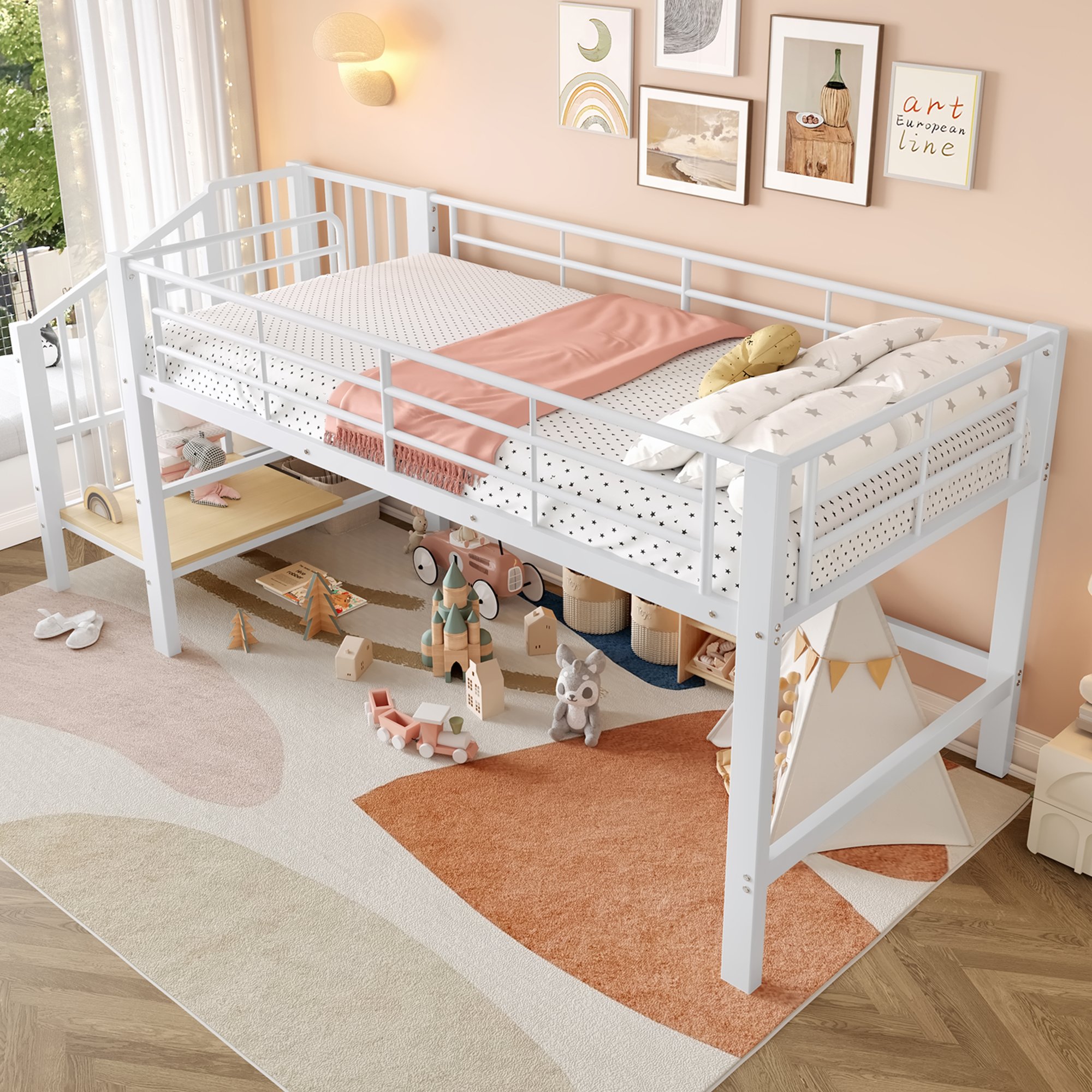 Lit mezzanine avec rangement intégré et escalier sécurisé, 90x200