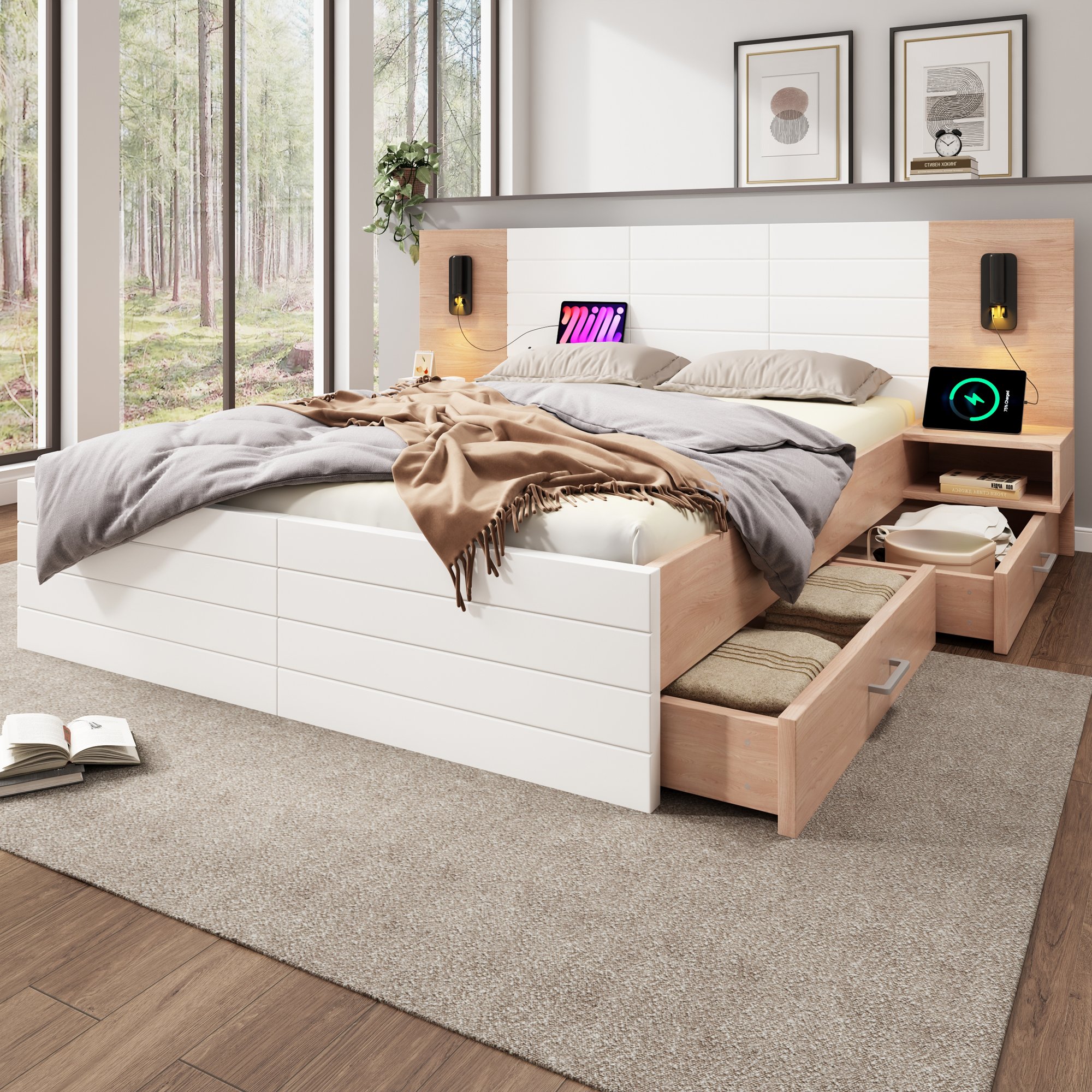 Lit coffre 160x200 avec tête de lit LED pivotante et port USB, sommier à lattes ventilé, 2 tiroirs rangement sous le lit