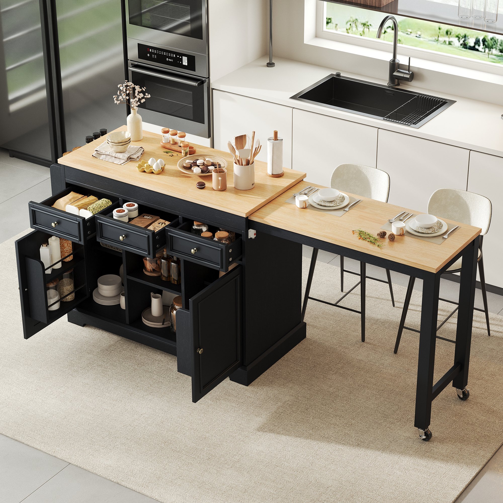 Îlot de cuisine en Panneau composite de fibres de bois à densité et panneaux de particules, avec tiroirs et étagère à épices, plan de travail extensible, noir et naturel