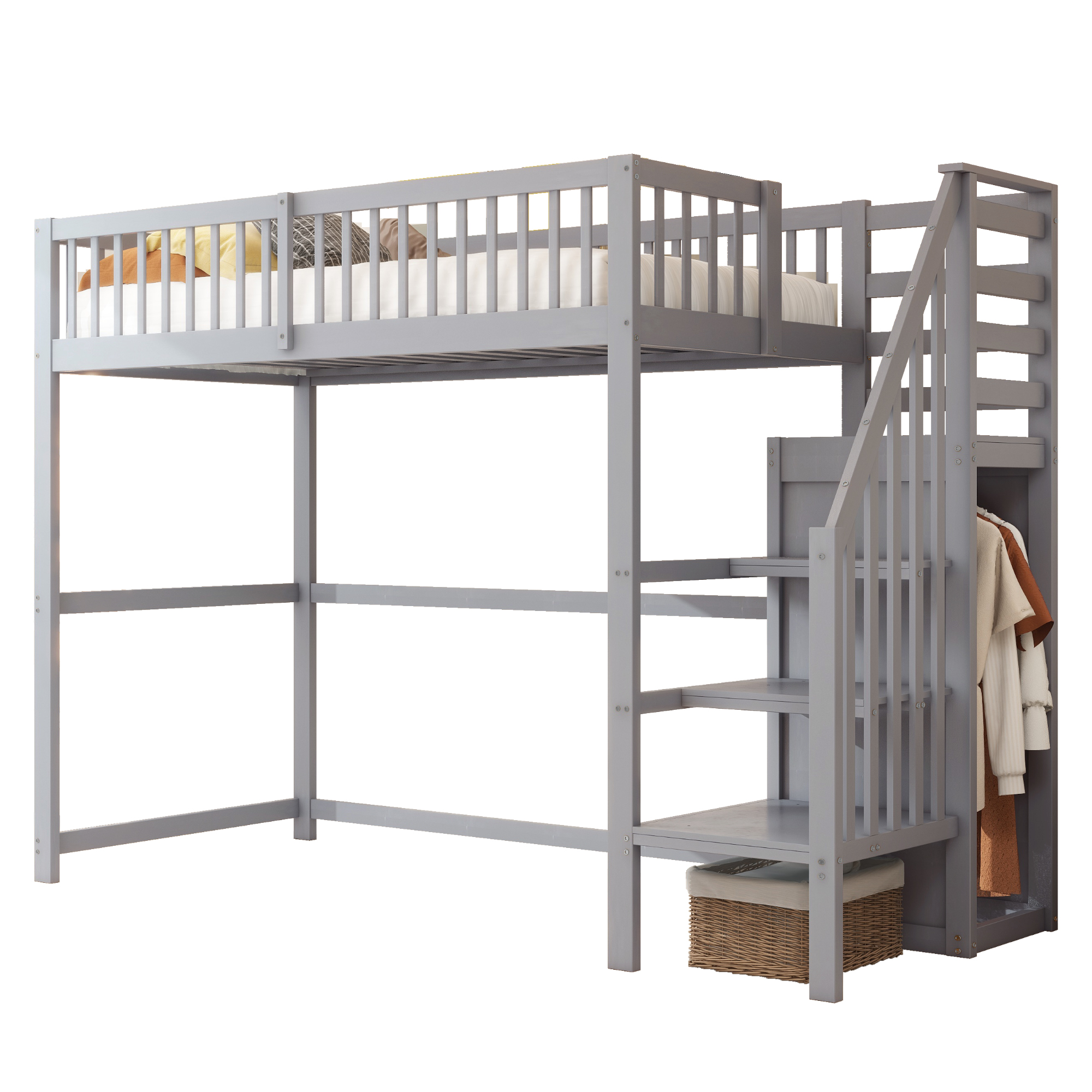 Lit mezzanine 90x200 avec escalier et rangement, lit enfant en bois gris avec placard