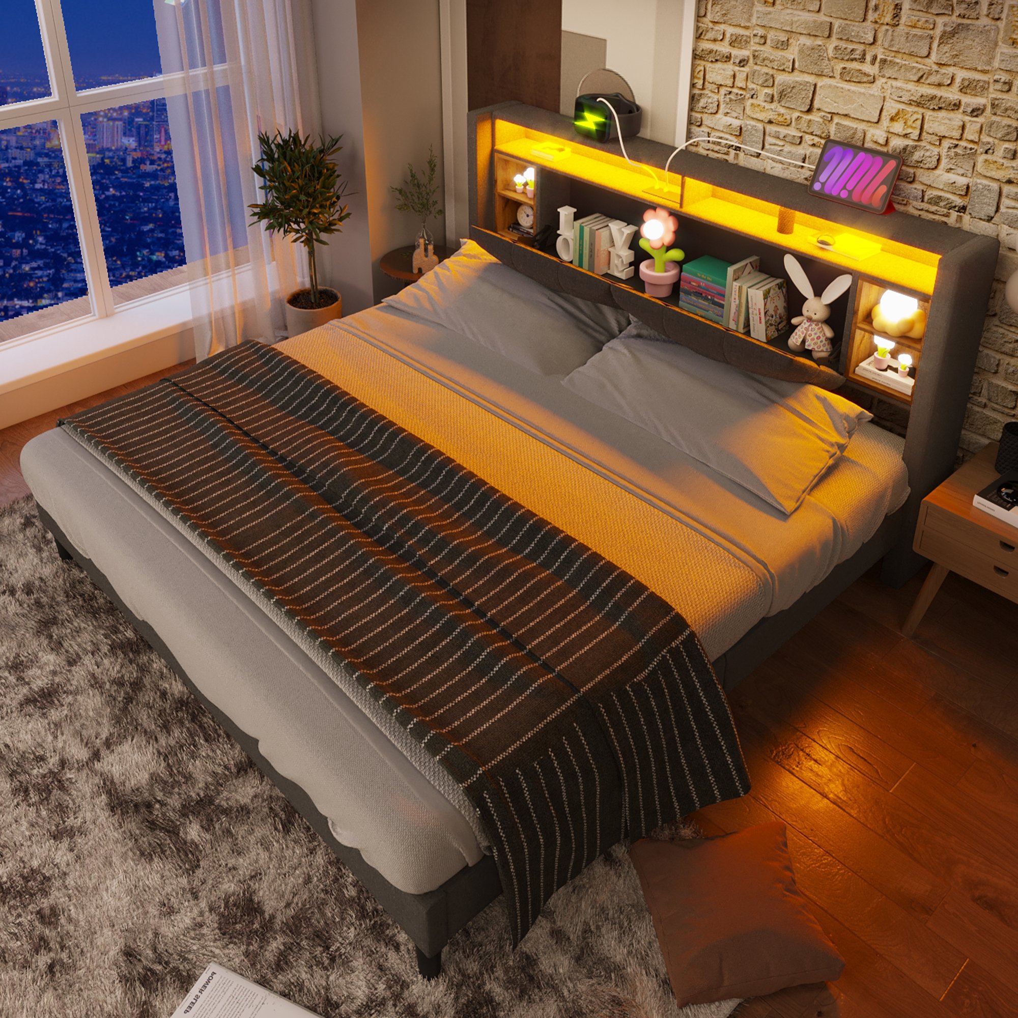 lit coffre 140x200 pour deux personnes, tête de lit avec six compartiments externes et espace de stockage central