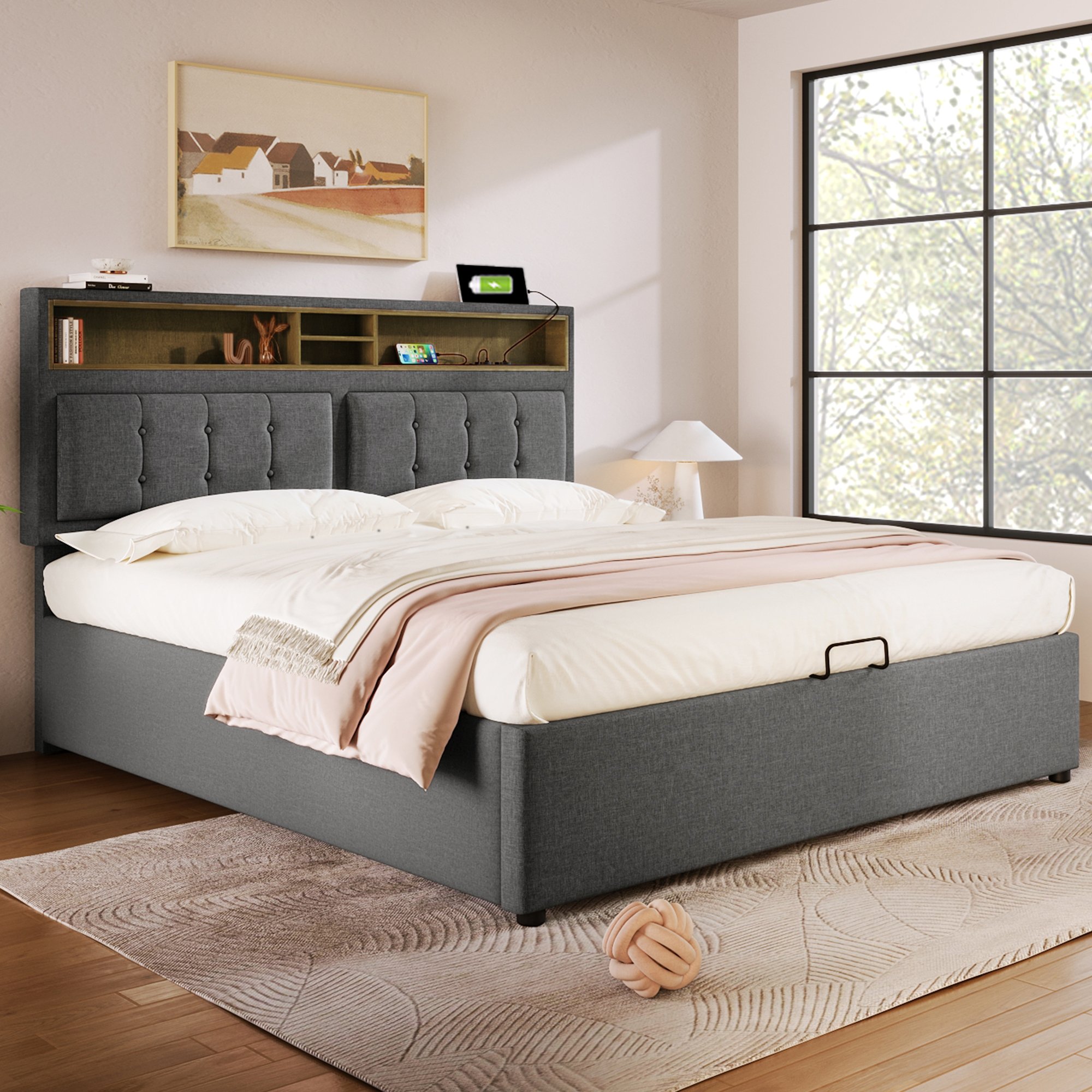 Lit coffre 160x200 gris avec sommier à lattes, rangement hydraulique et tête de lit rembourrée ajustable