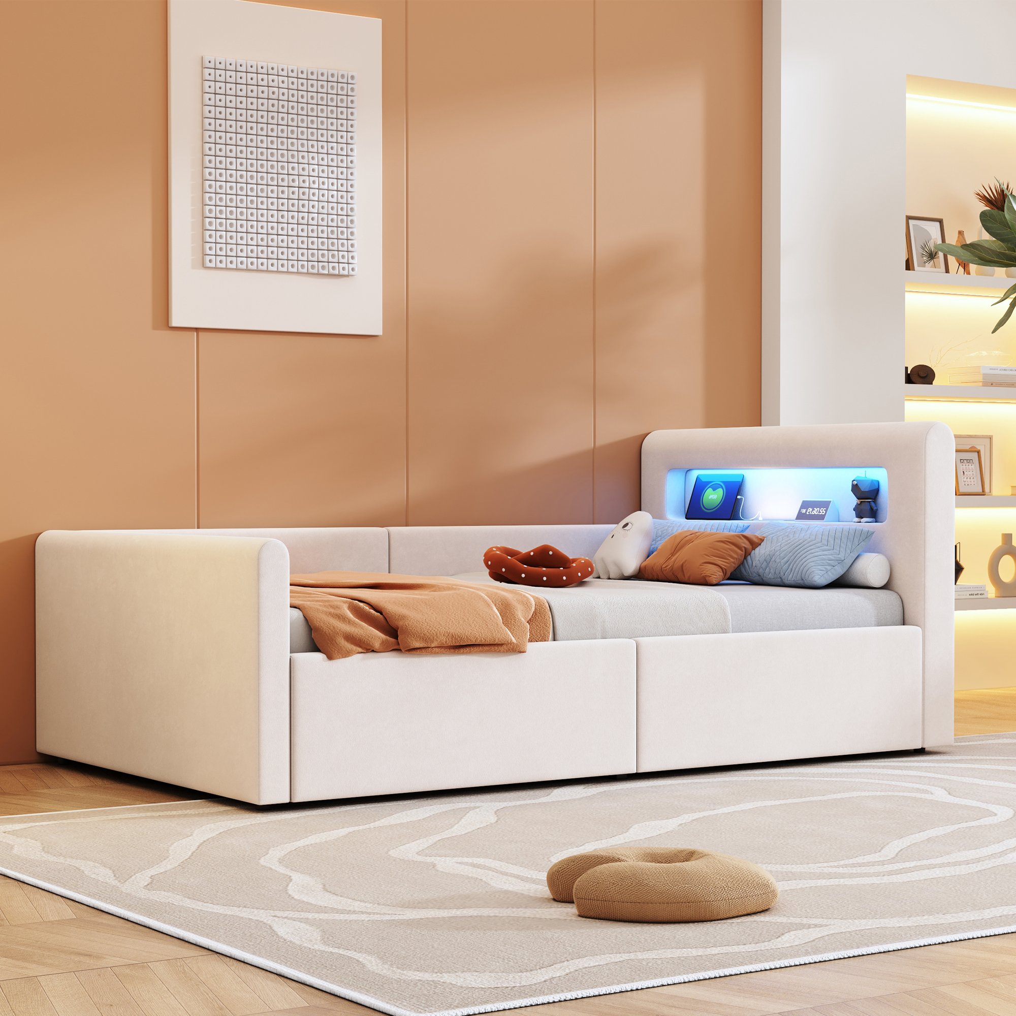 Lit coffre 90x200 en velours beige, structure métal et Panneau composite de fibres de bois à densité, avec rangement hydraulique