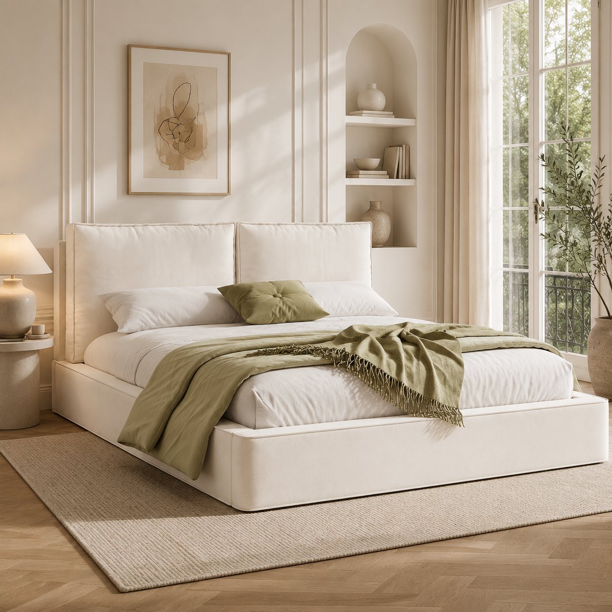 Lit rembourré 180x200 beige en tissu chenille avec sommier à lattes et tête de lit capitonnée haute pour chambre adulte