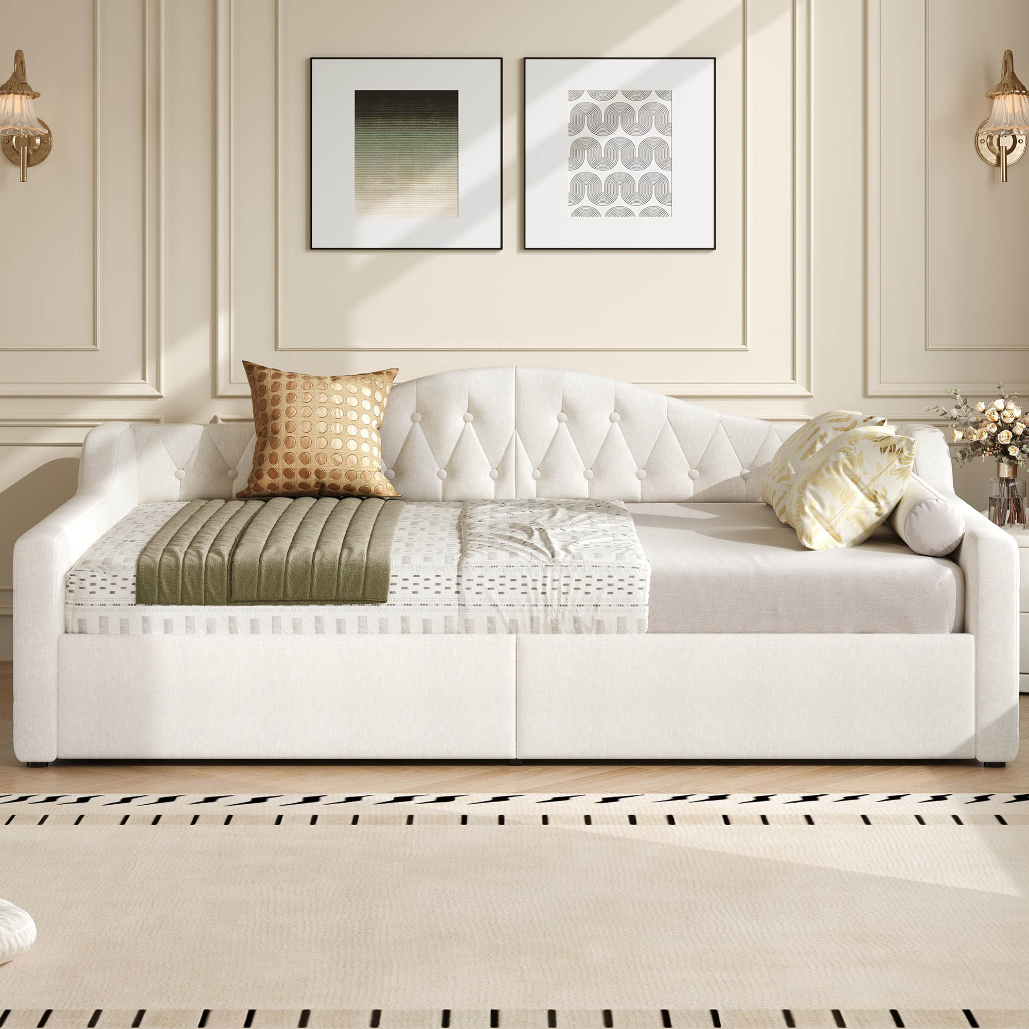 Lit coffre double 140x200 cm avec rangement, LED, sommier à lattes, beige, rembourré
