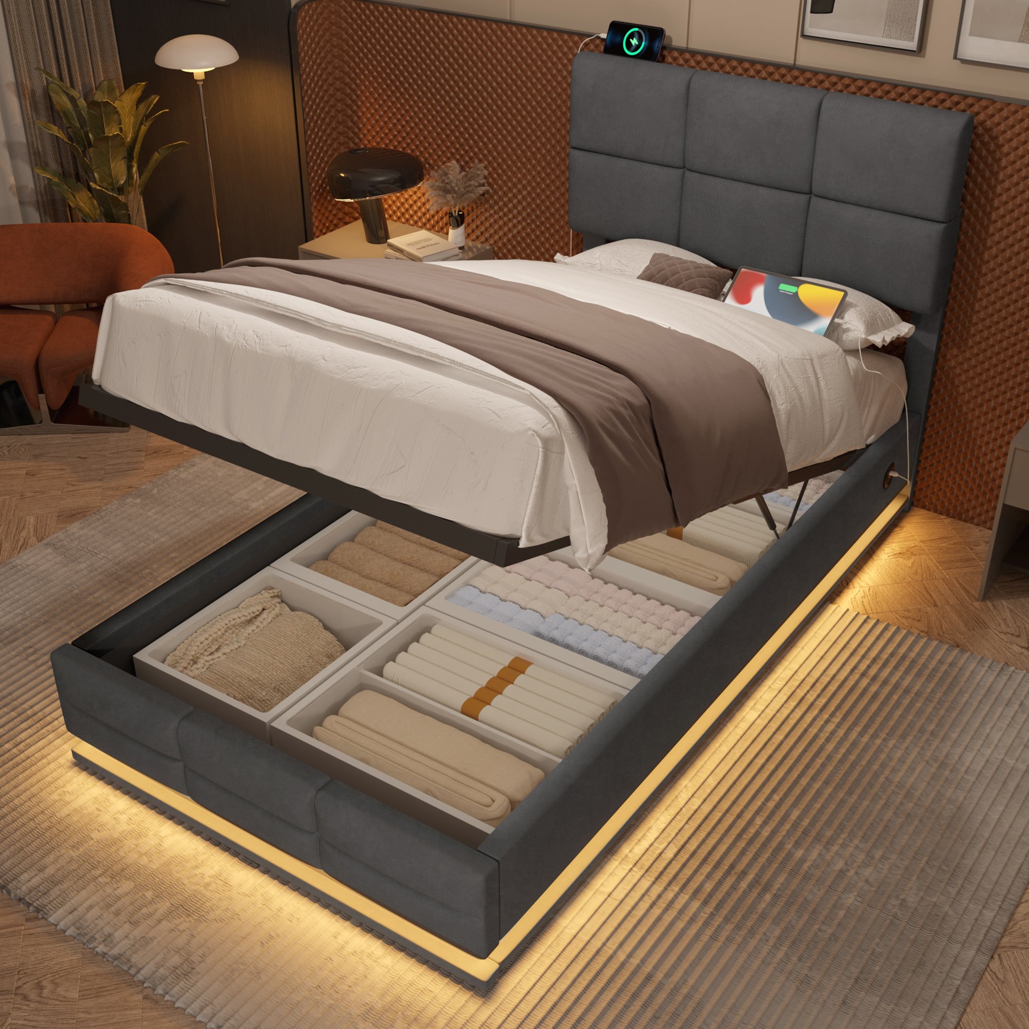 Lit coffre 90x200 en velours gris avec tête réglable, LED, USB et rangement hydraulique