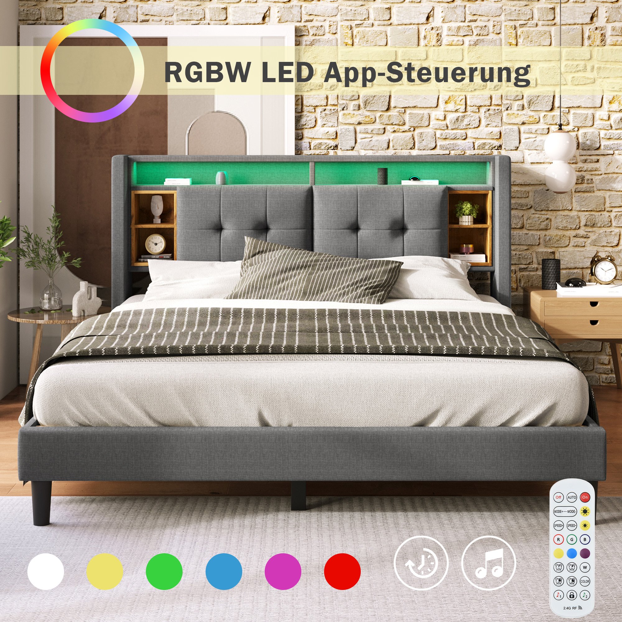 Lit coffre 140x200 gris en bois massif et métal avec rangement tête de lit, LED, USB et matelas ressorts ensachés