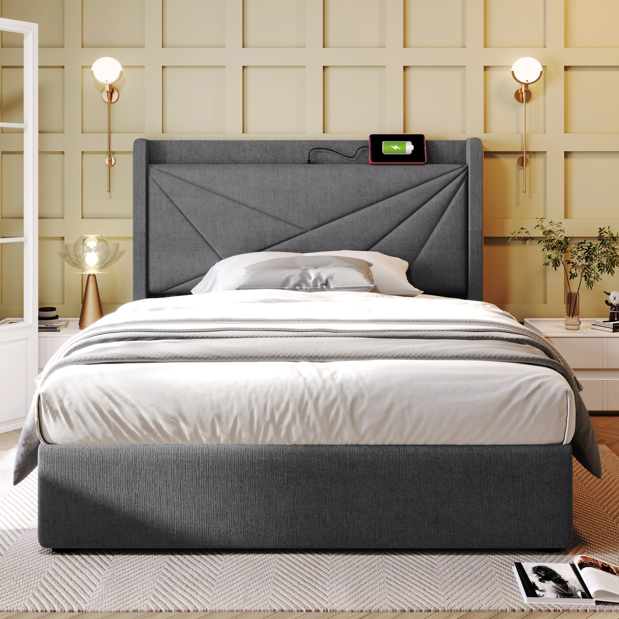 lit coffre 90x200 avec grand coffre de rangement et ports USB Type-C intégrés, lit simple gris avec tête de lit rembourrée