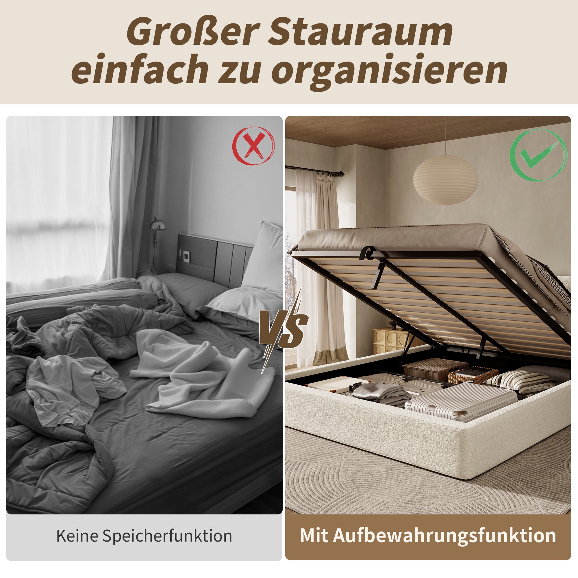 Lit coffre 160x200 avec système de levage hydraulique pour grand espace de stockage sous le matelas et tête rembourrée