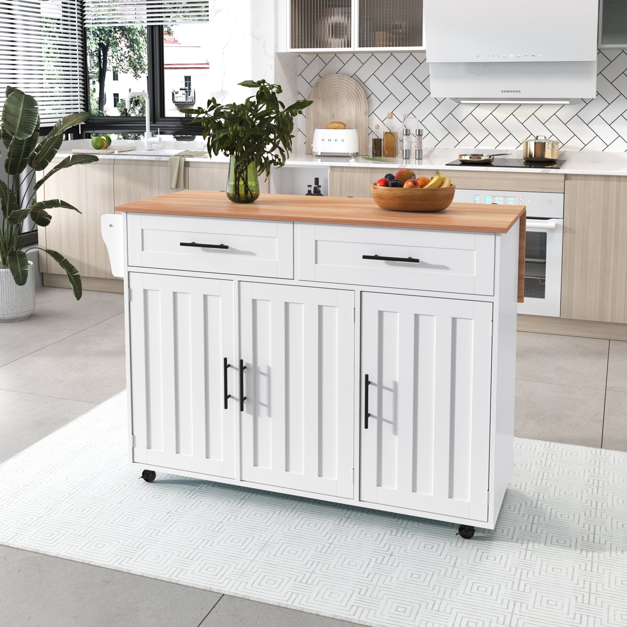 Îlot de cuisine blanc avec rangement et roulettes, plan de travail en bois, table pliante, 129x46x91,5 cm, pieds en bois massif