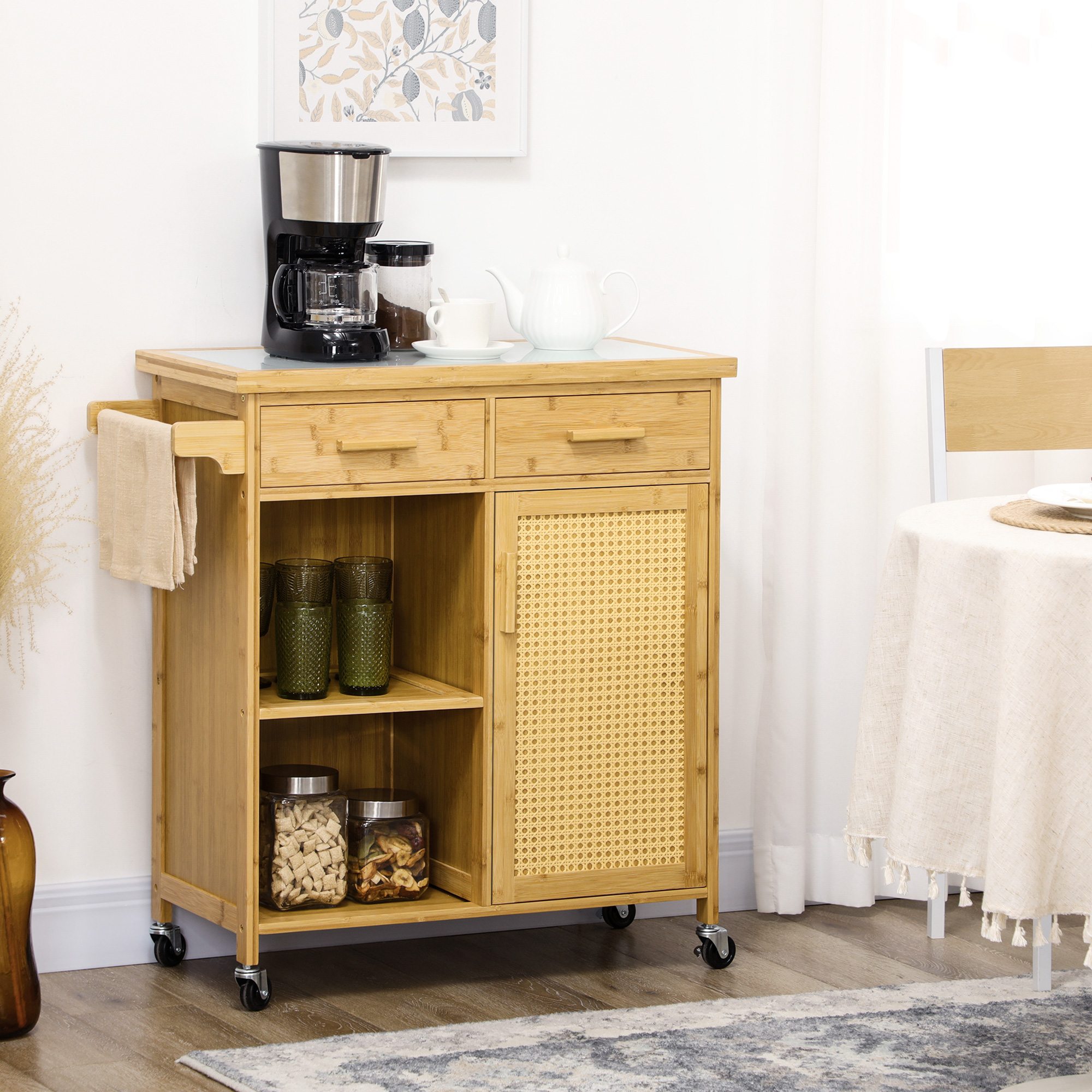 Petit îlot de cuisine sur roulettes avec rangement, en bambou naturel, plan de travail, porte-serviettes, 84x36x85 cm