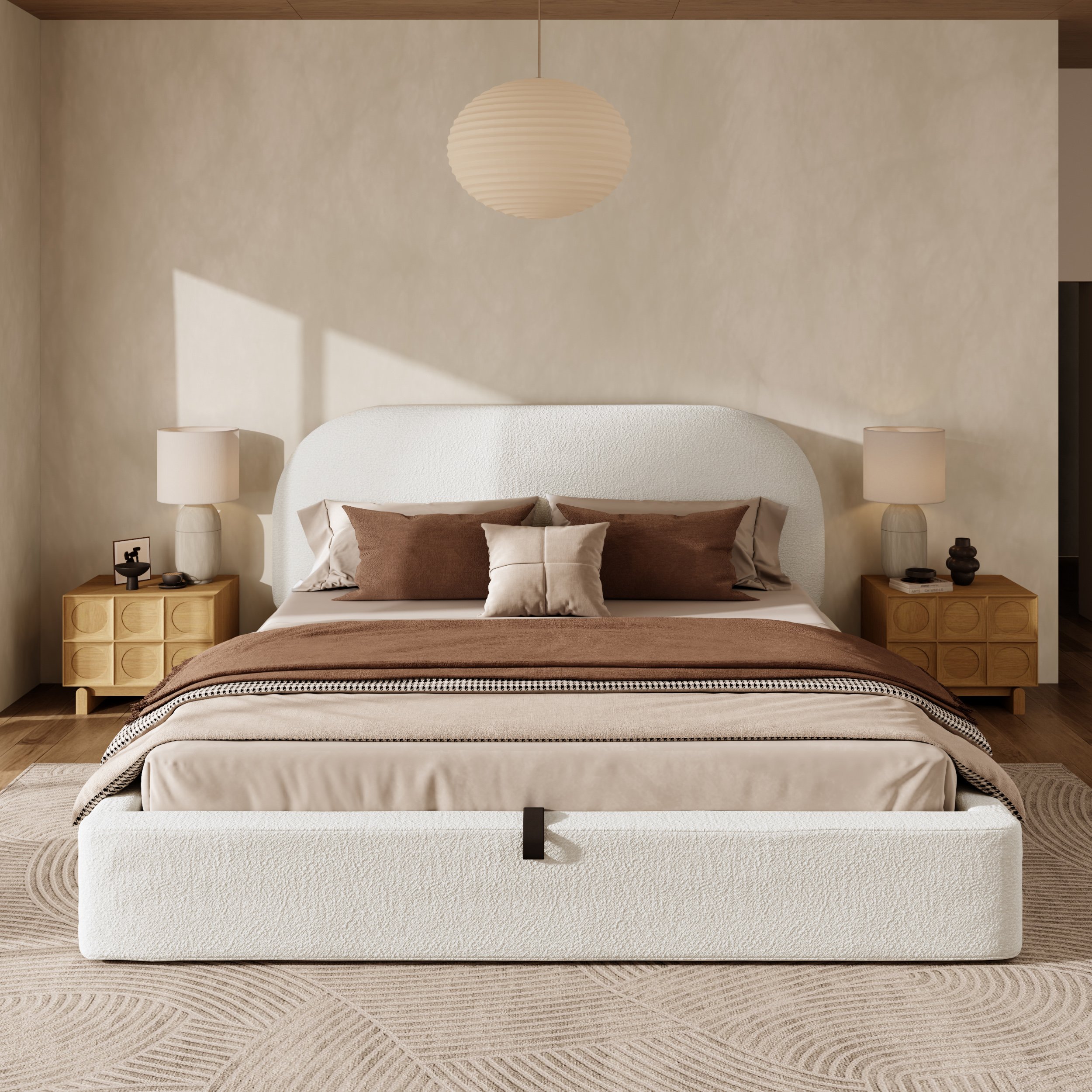 Lit coffre 180x200 bouclé beige avec tête de lit épaisse coins arrondis sécurité enfants et housse lavable entretien facile