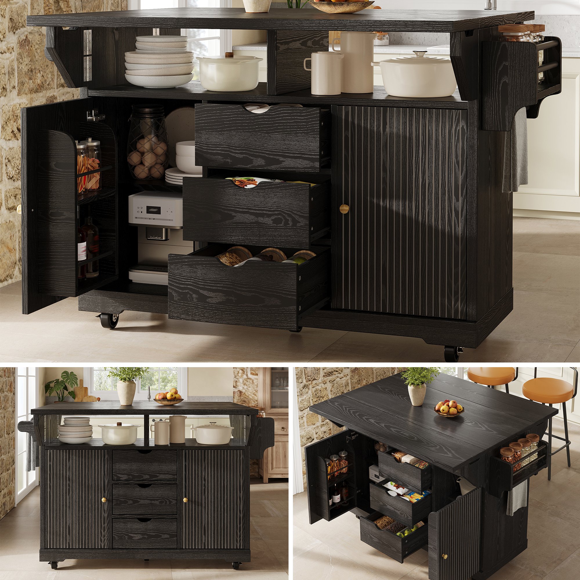 Îlot de cuisine sur roulettes avec rangement, noir, plan de travail en Panneau composite de fibres de bois à densité, extensible, hauteur 95 cm, 142 cm