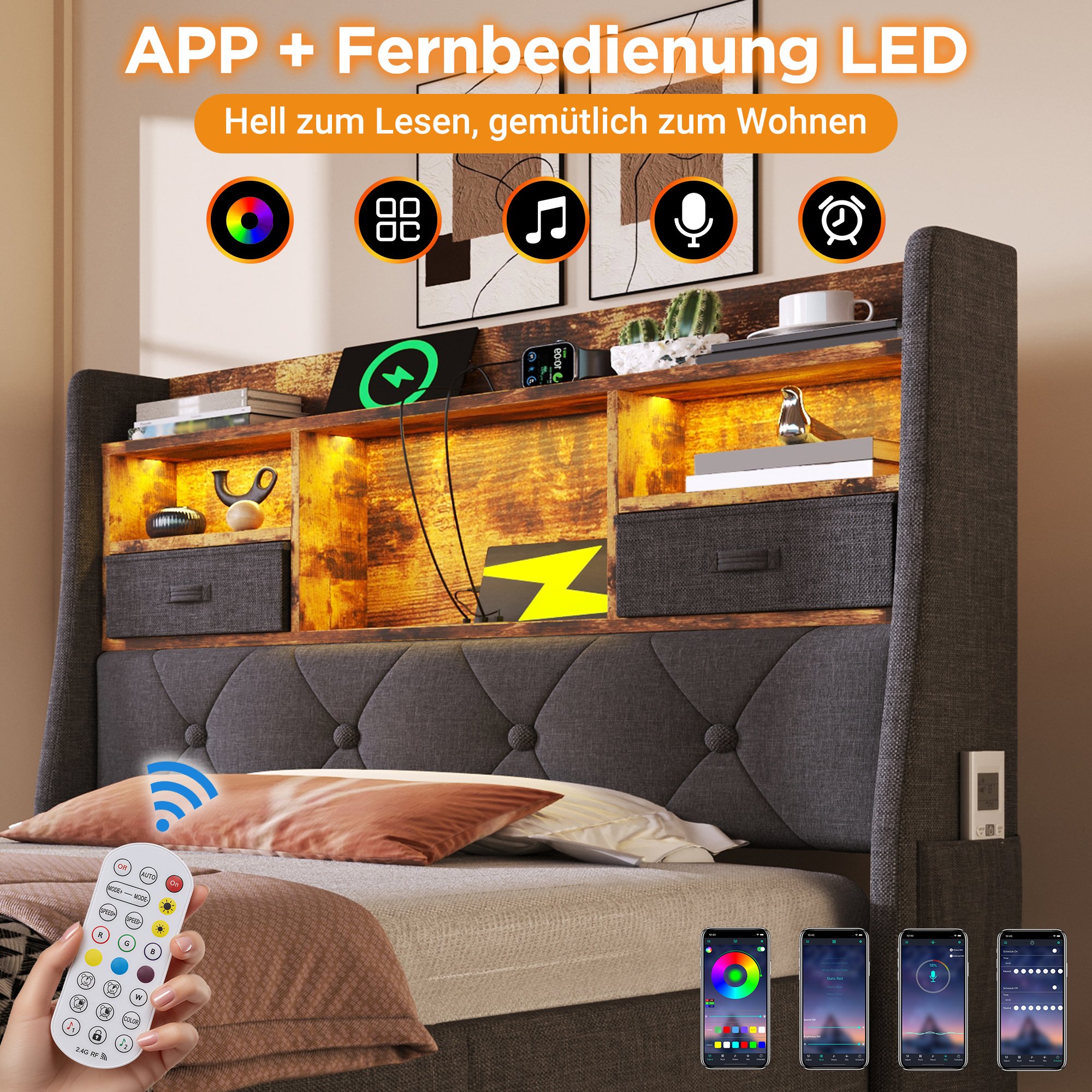 Lit coffre 90x200 avec matelas ressorts ensachés, LED connectée app et stockage sous cadre