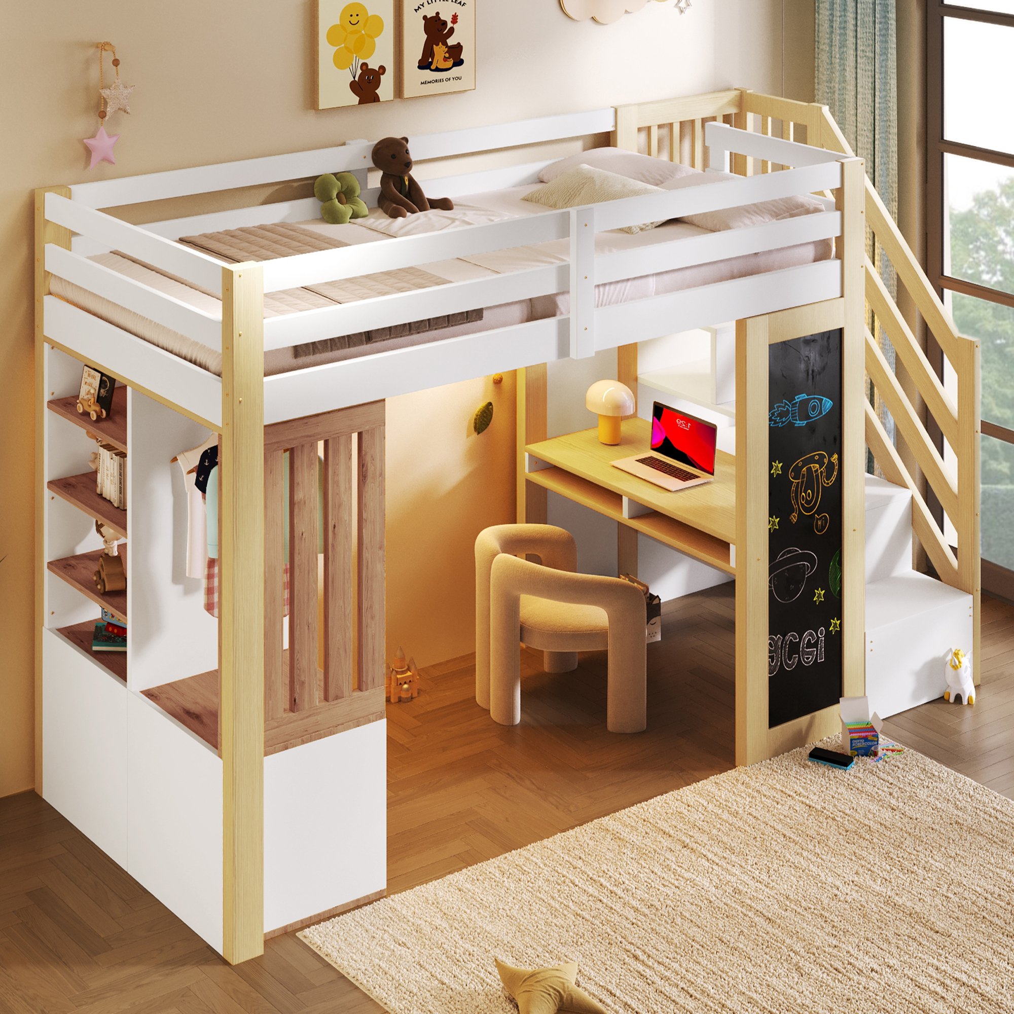 Lit mezzanine 90x200 avec bureau, rangements et échelle de stockage, blanc et bois
