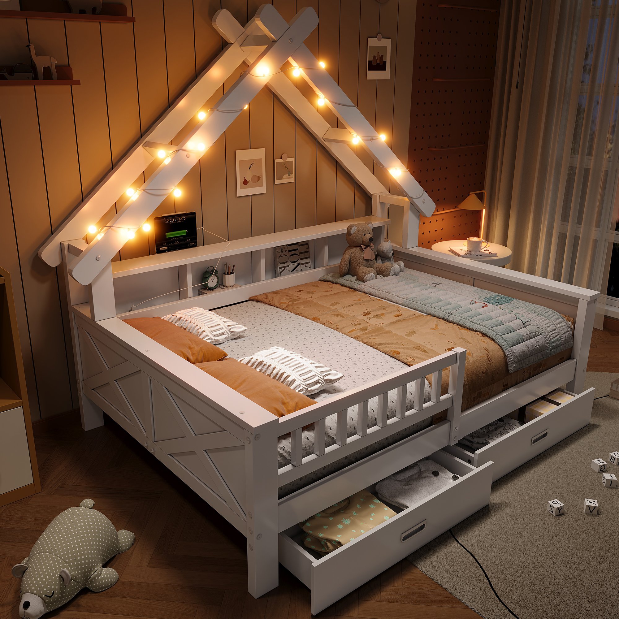Lit cabane en bois Panneau composite de fibres de bois à densité et pin, 140x200, avec LED et rangements