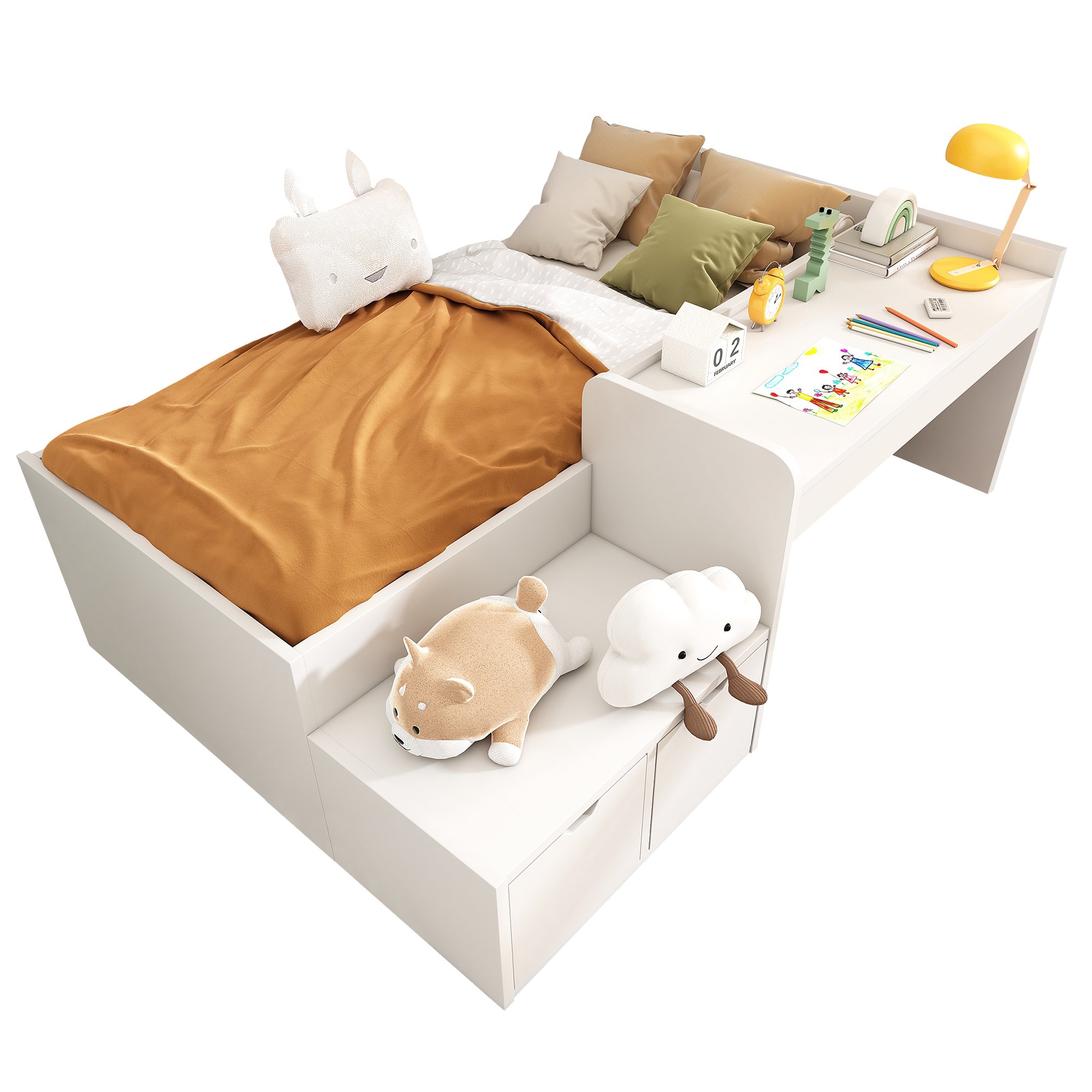 lit enfant avec tiroirs 90x200 blanc en bois massif avec bureau intégré et sommier à lattes