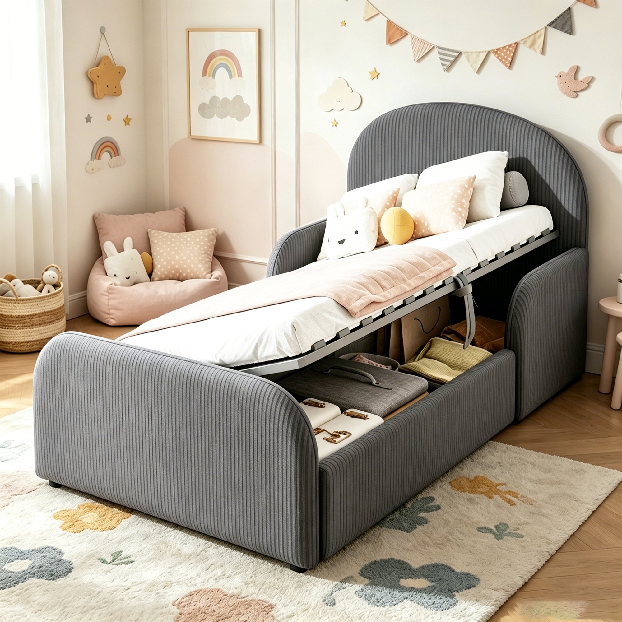 Lit coffre 90x200 pour enfant avec rangement hydraulique, barrières de sécurité et tête de lit haute