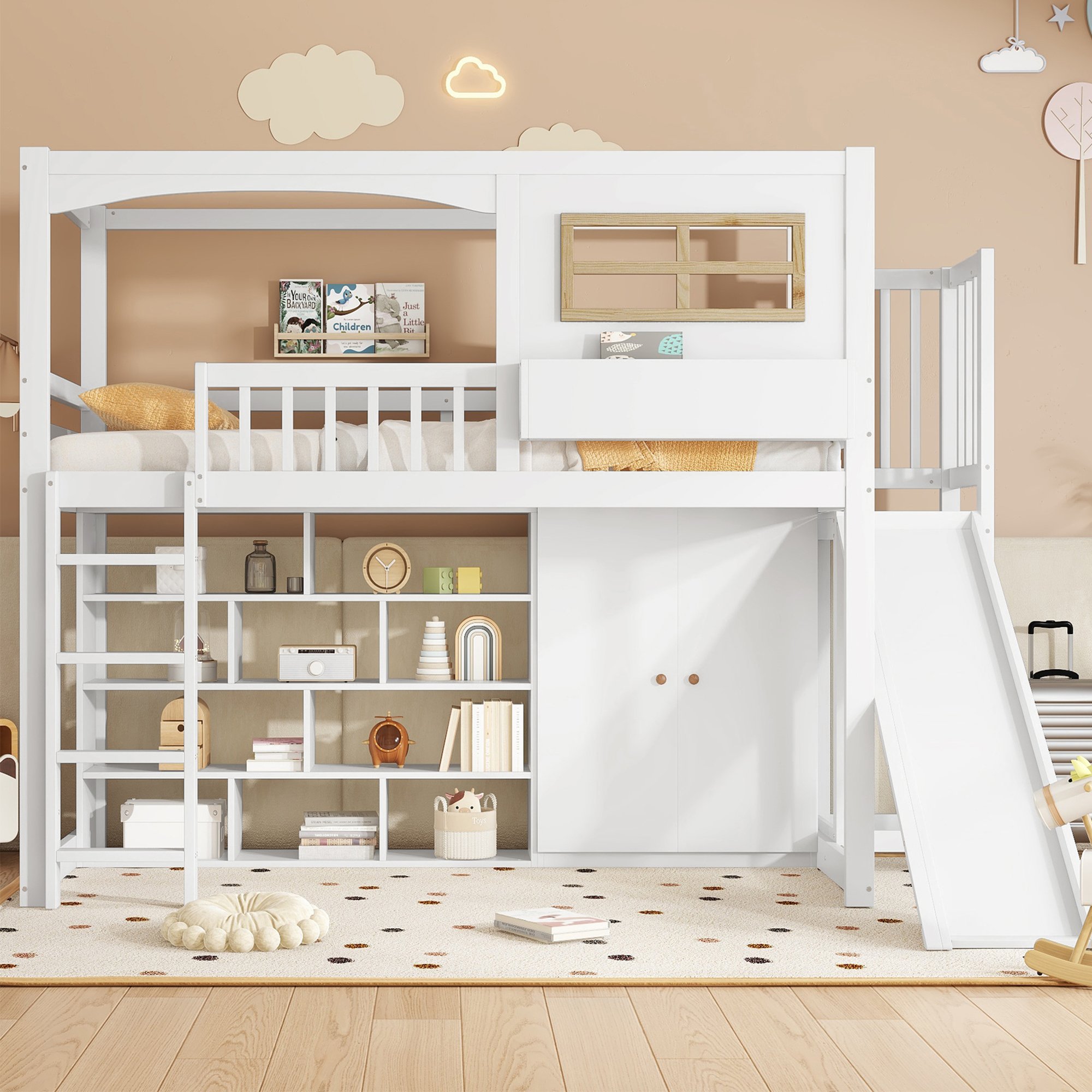 Lit superposé 90x200 blanc avec toboggan, échelle et rangement pour enfant