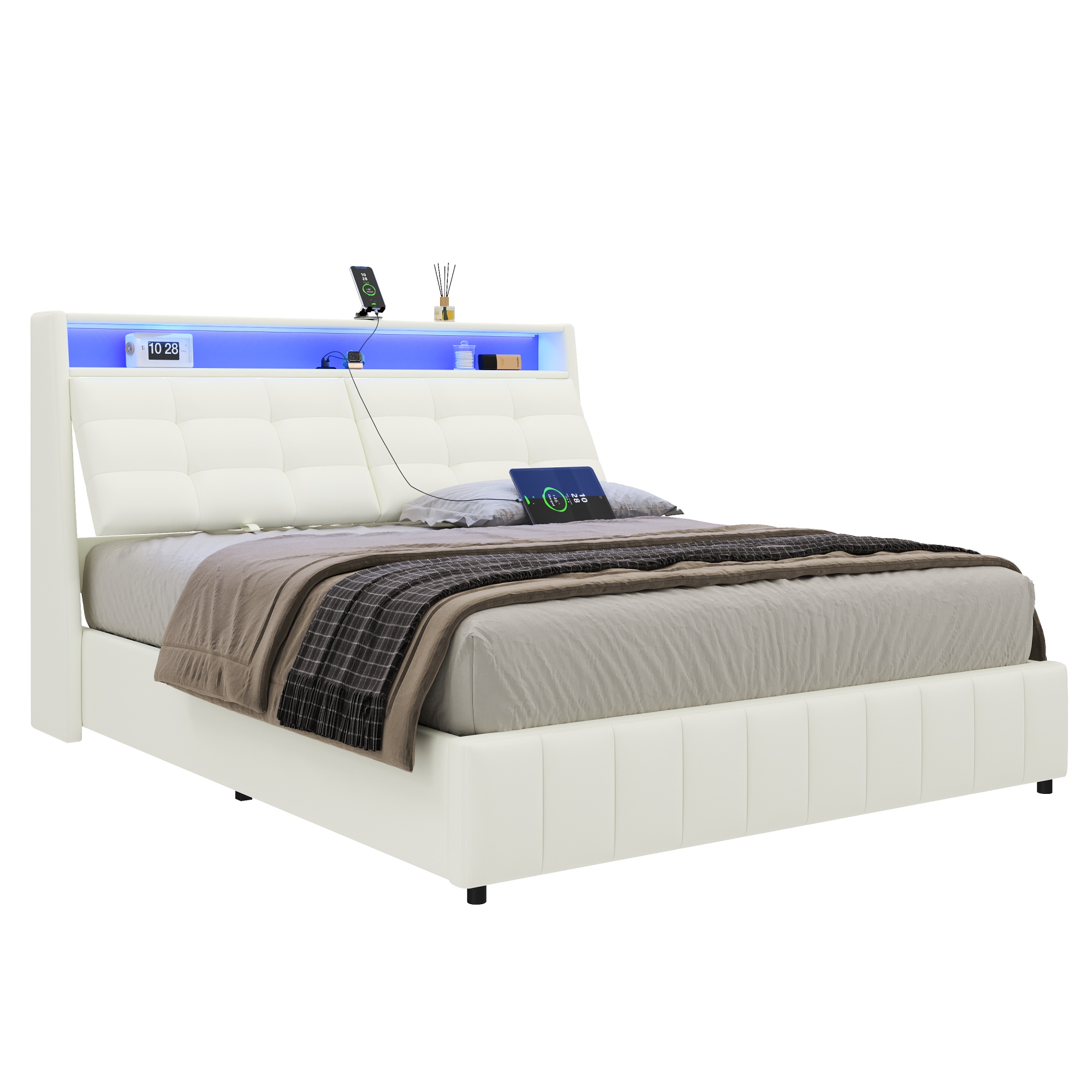 Lit coffre 160x200 rembourré blanc avec LED, USB et rangement intégré