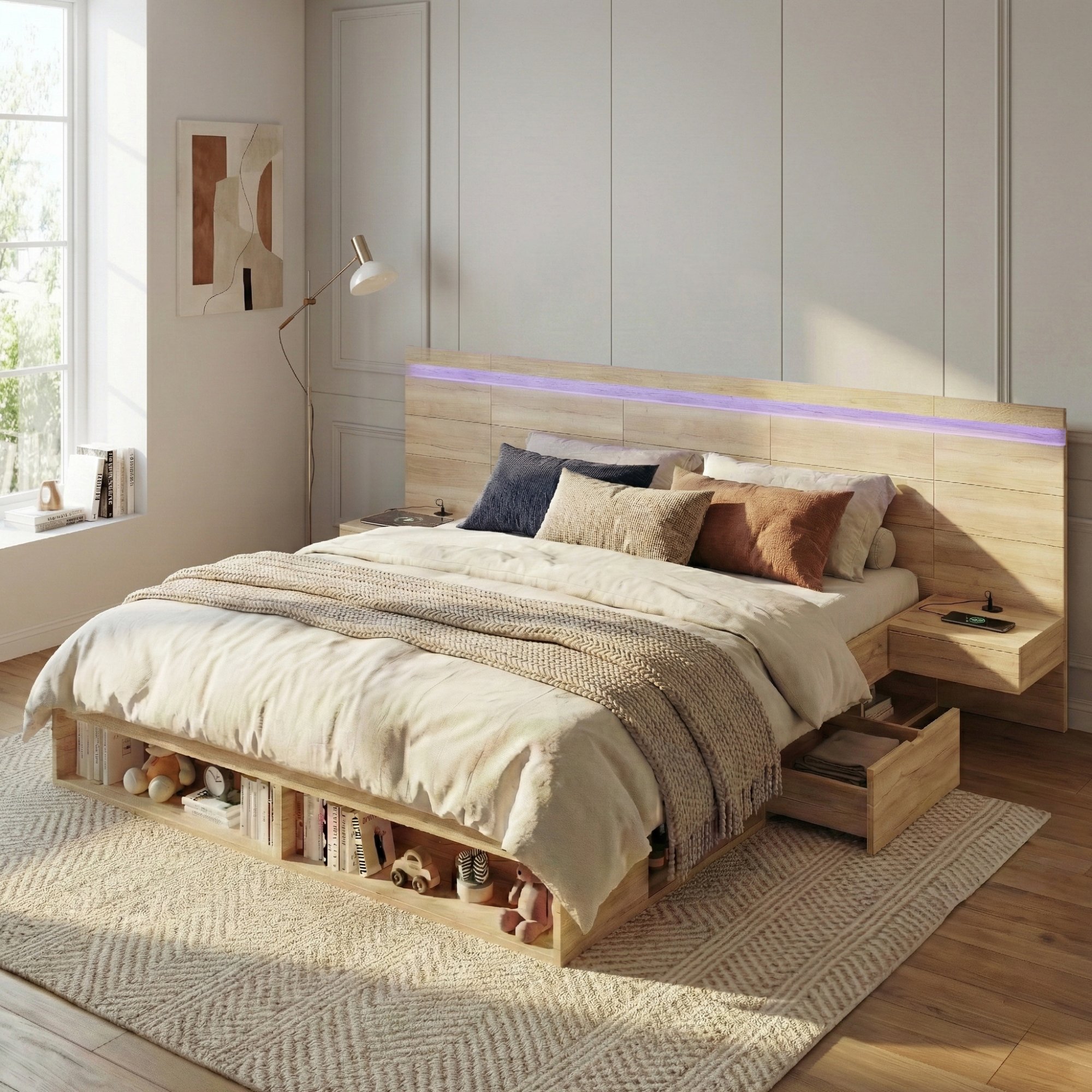 Lit coffre 180x200 structure Panneau composite de fibres de bois à densité robuste finition naturelle avec tiroirs latéraux et pied de lit pour un rangement optimal