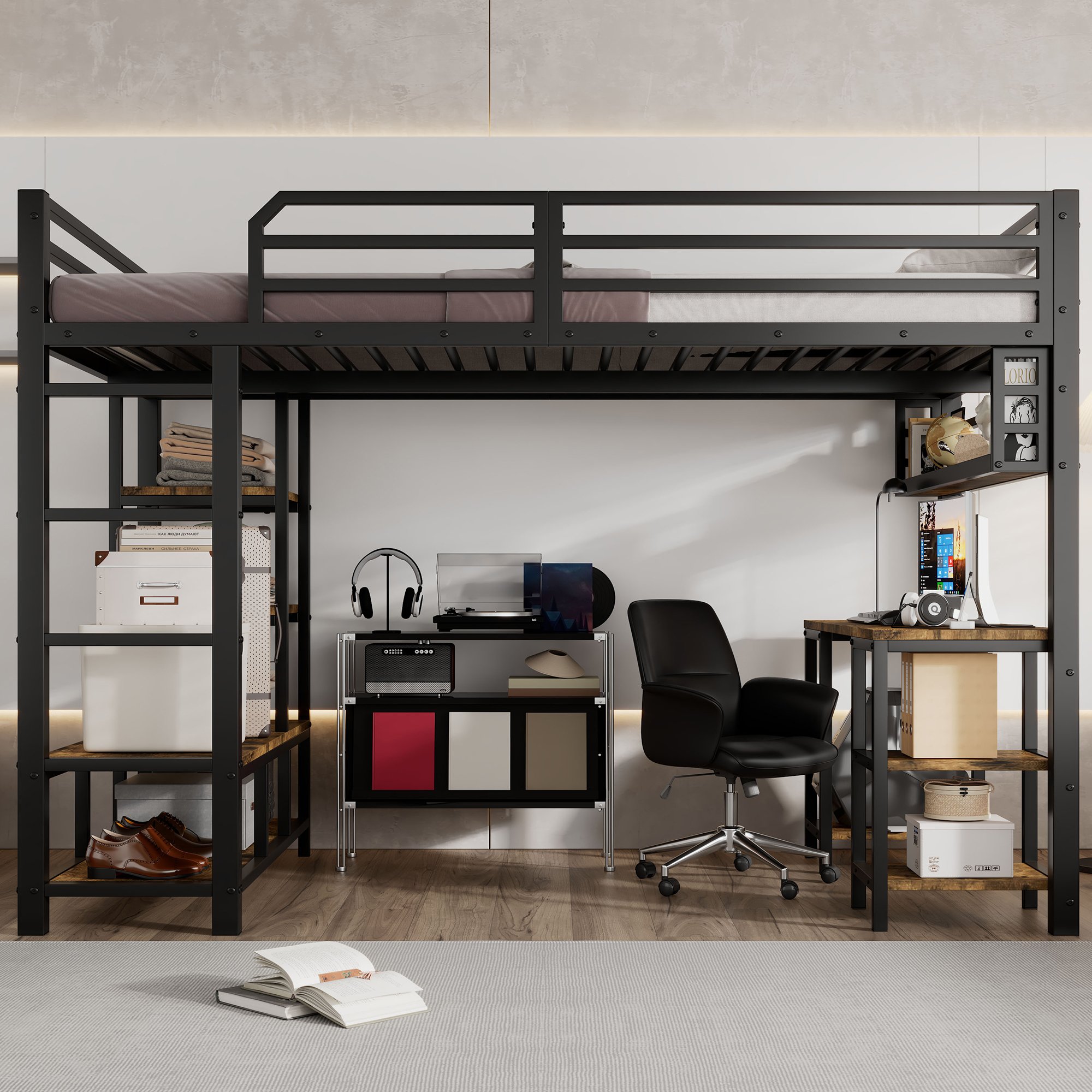 Lit mezzanine avec bureau intégré et rangement, 120x200, échelle 4 marches, fer et bois, noir et noyer