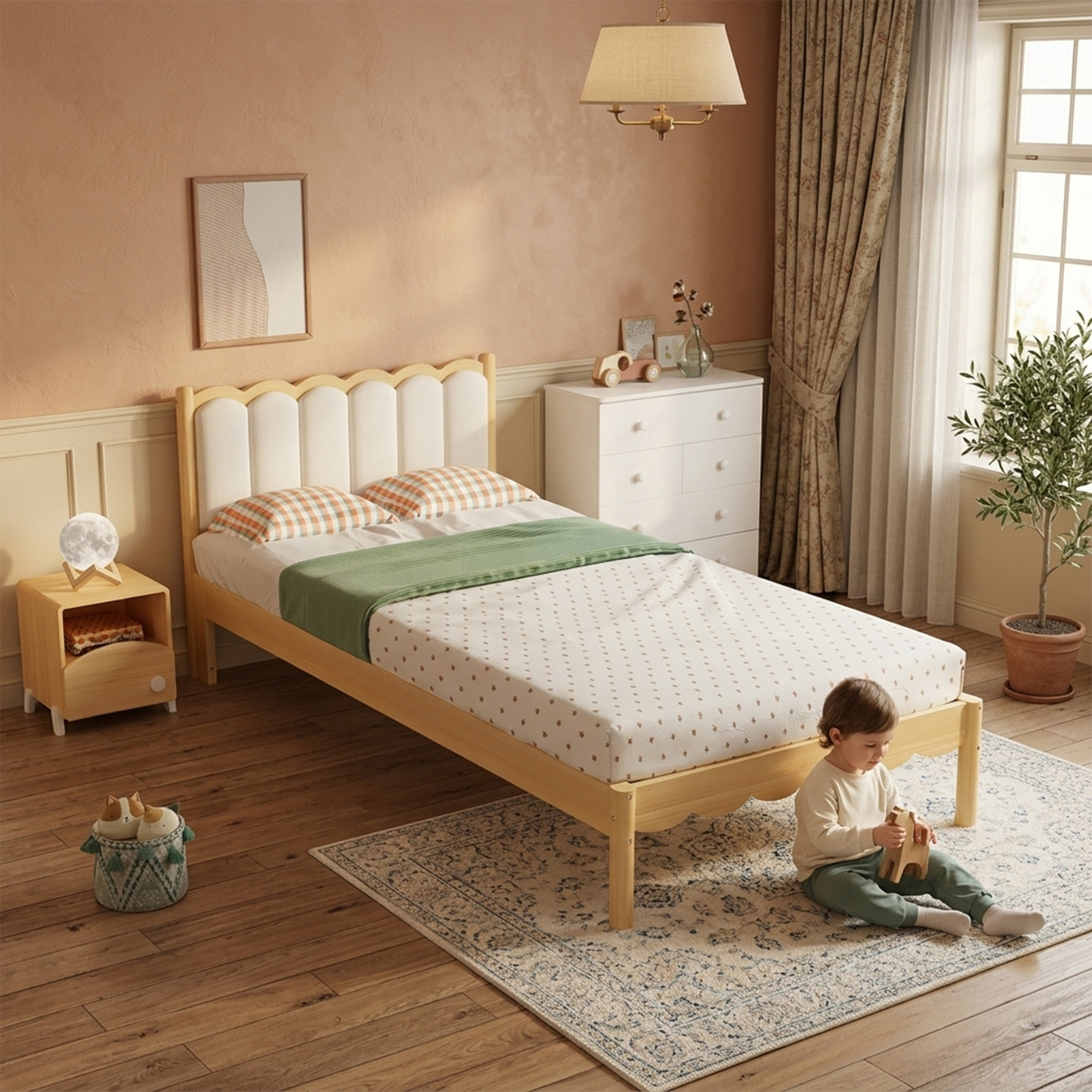 Lit enfant 90x200cm avec sommier à lattes, tête de lit rembourrée, beige