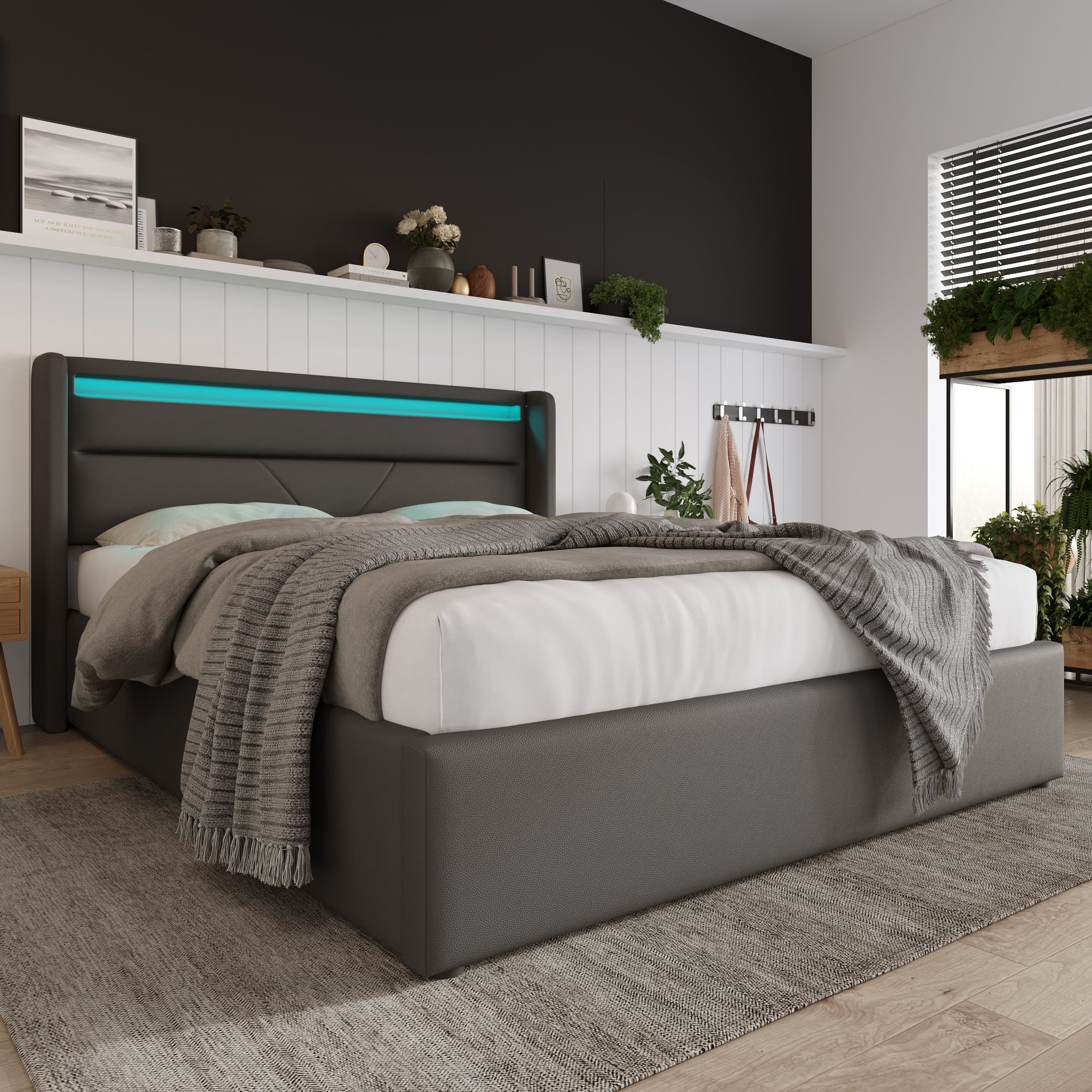 Lit coffre 140x200 avec matelas, lit double gris rembourré avec LED et rangement hydraulique
