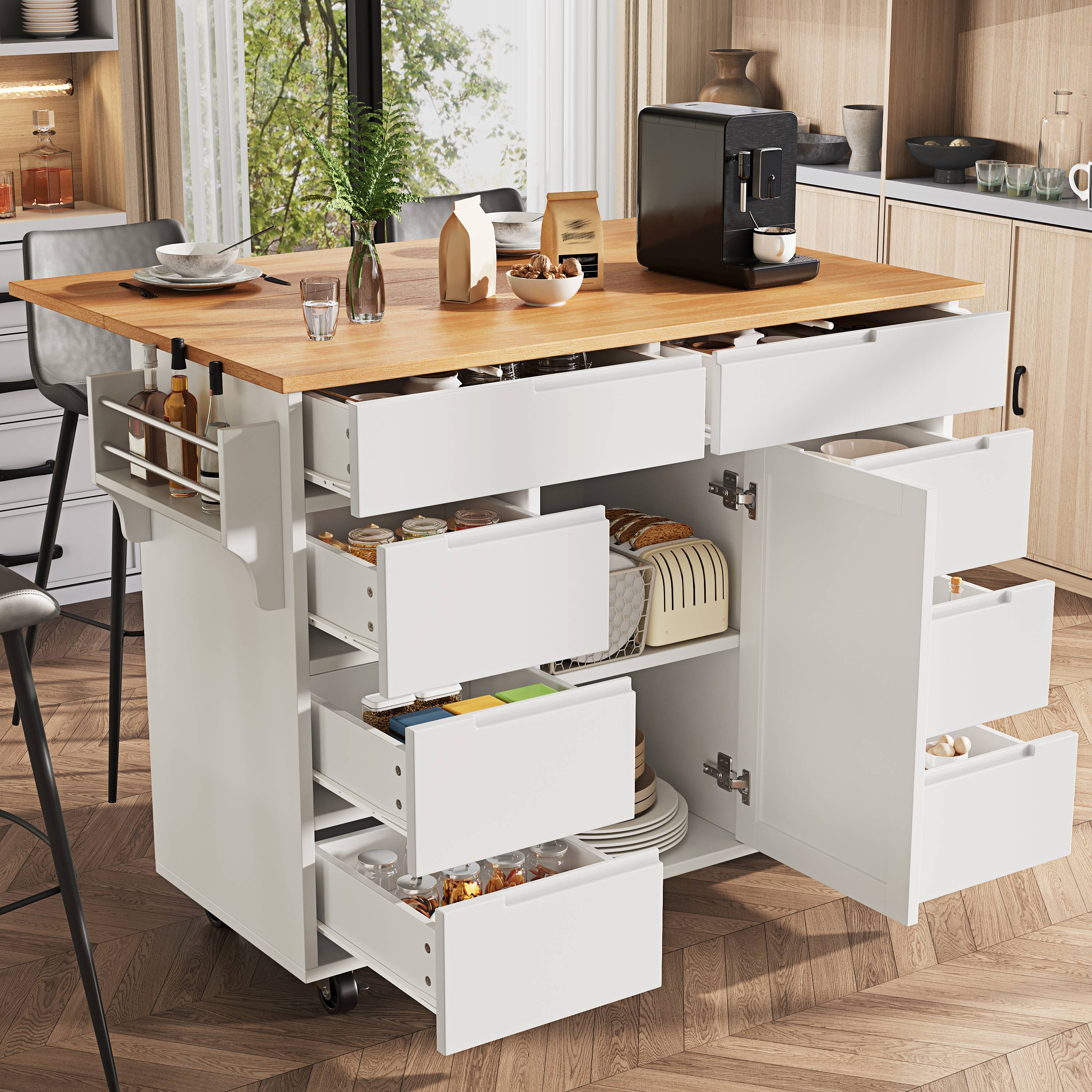 Îlot de cuisine en Panneau composite de fibres de bois à densité blanc avec 8 tiroirs, placard, roulettes et plan de travail extensible, dimensions 122x74,5x91,5 cm