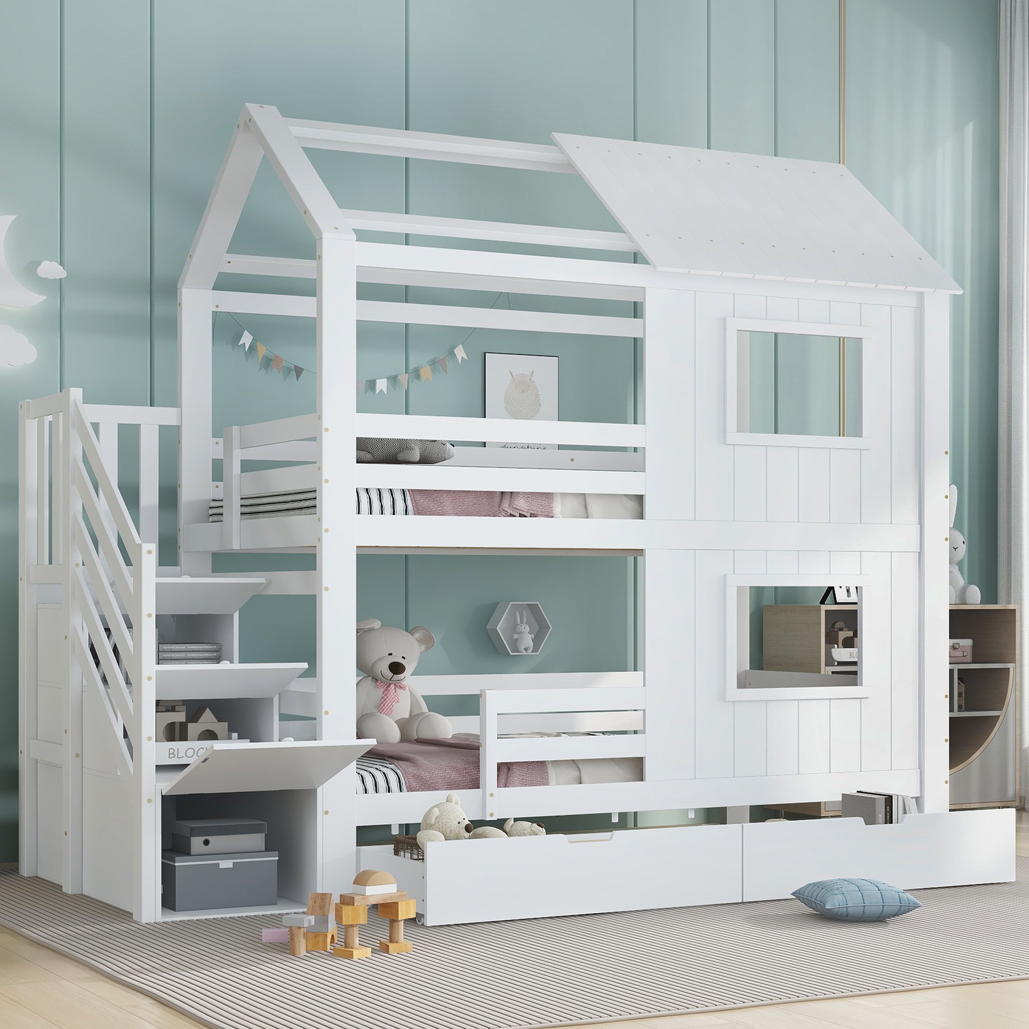 Lit superposé enfant 90x200 avec rangement et tiroir, blanc, en pin et Panneau composite de fibres de bois à densité