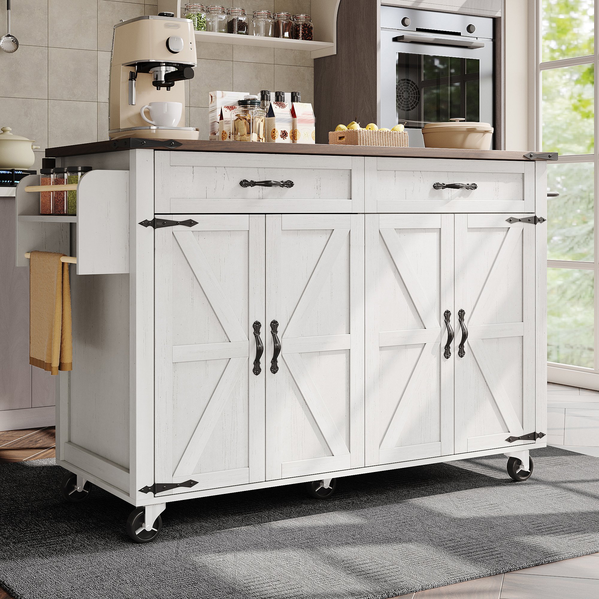 Îlot de cuisine en Panneau composite de fibres de bois à densité blanc avec plan en noyer, structure métallique, 2 tiroirs et 2 armoires, 140 cm, sur roulettes