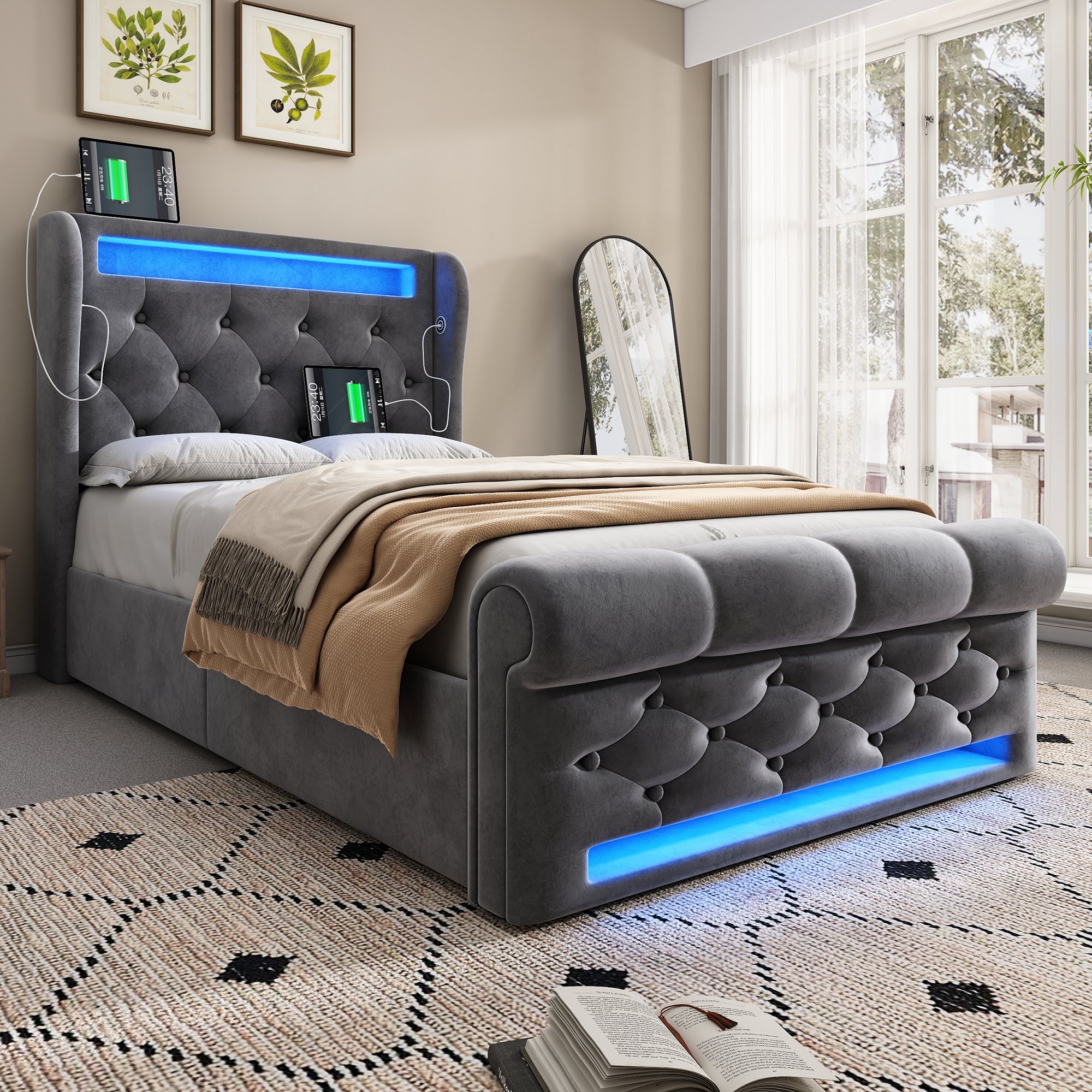 Lit coffre 90x200 cm, structure renforcée capacité 150 kg, revêtement velours gris capitonné avec LED intégrée