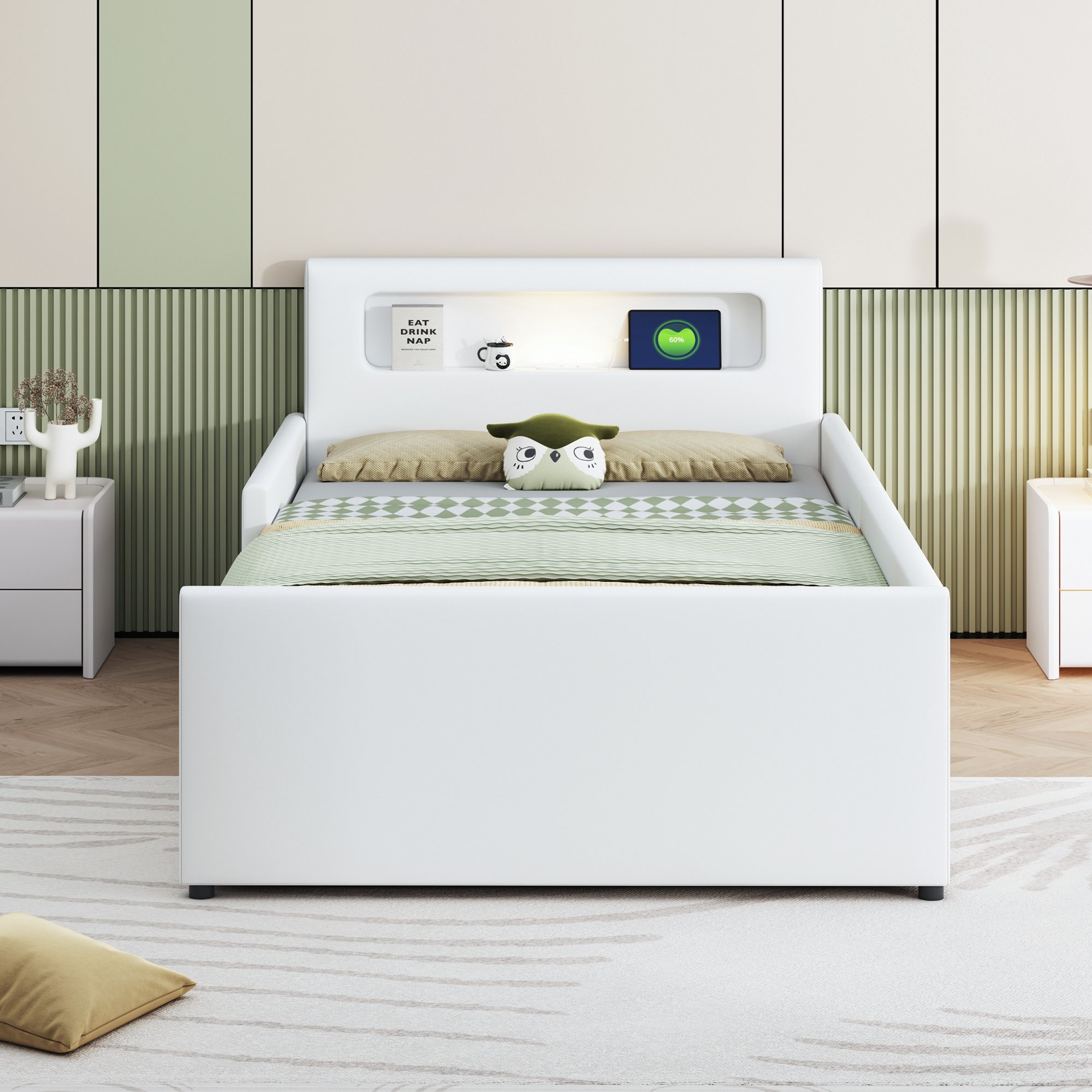 Lit enfant avec rangement 90x200, rembourré, blanc, avec LED et USB, sécurité renforcée