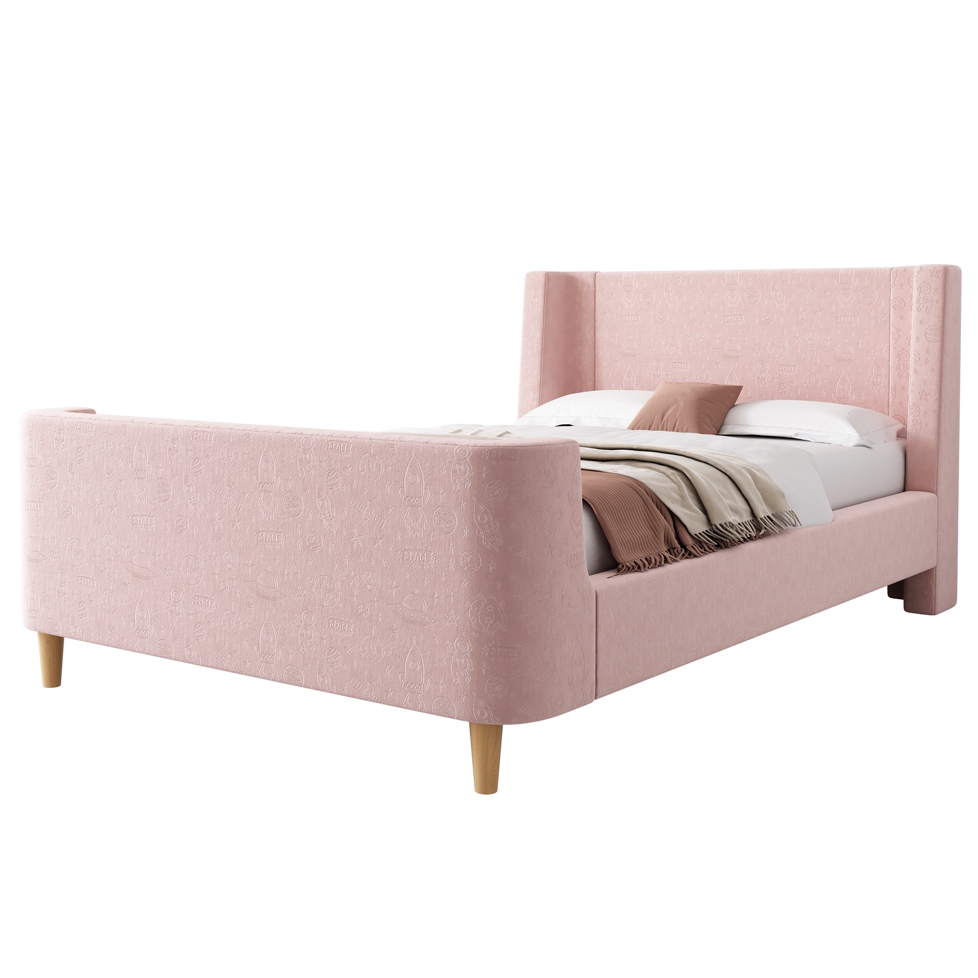 Lit enfant 90x200 cm, cadre de lit en velours rose avec motif cosmique et tête de lit rembourrée pour chambre d'enfant